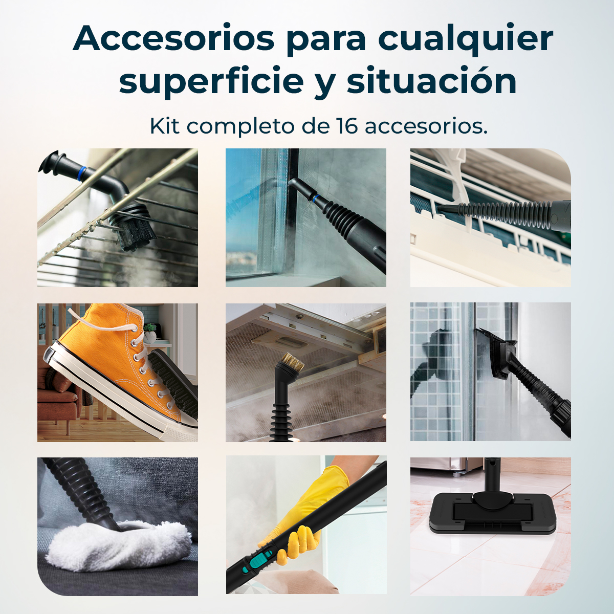 La imagen muestra 9 ejemplos de accesorios de limpieza. Incluye la limpieza de una parrilla, ventana, unidad de aire acondicionado, zapato, campana extractora, ducha, sofá, mano y piso.