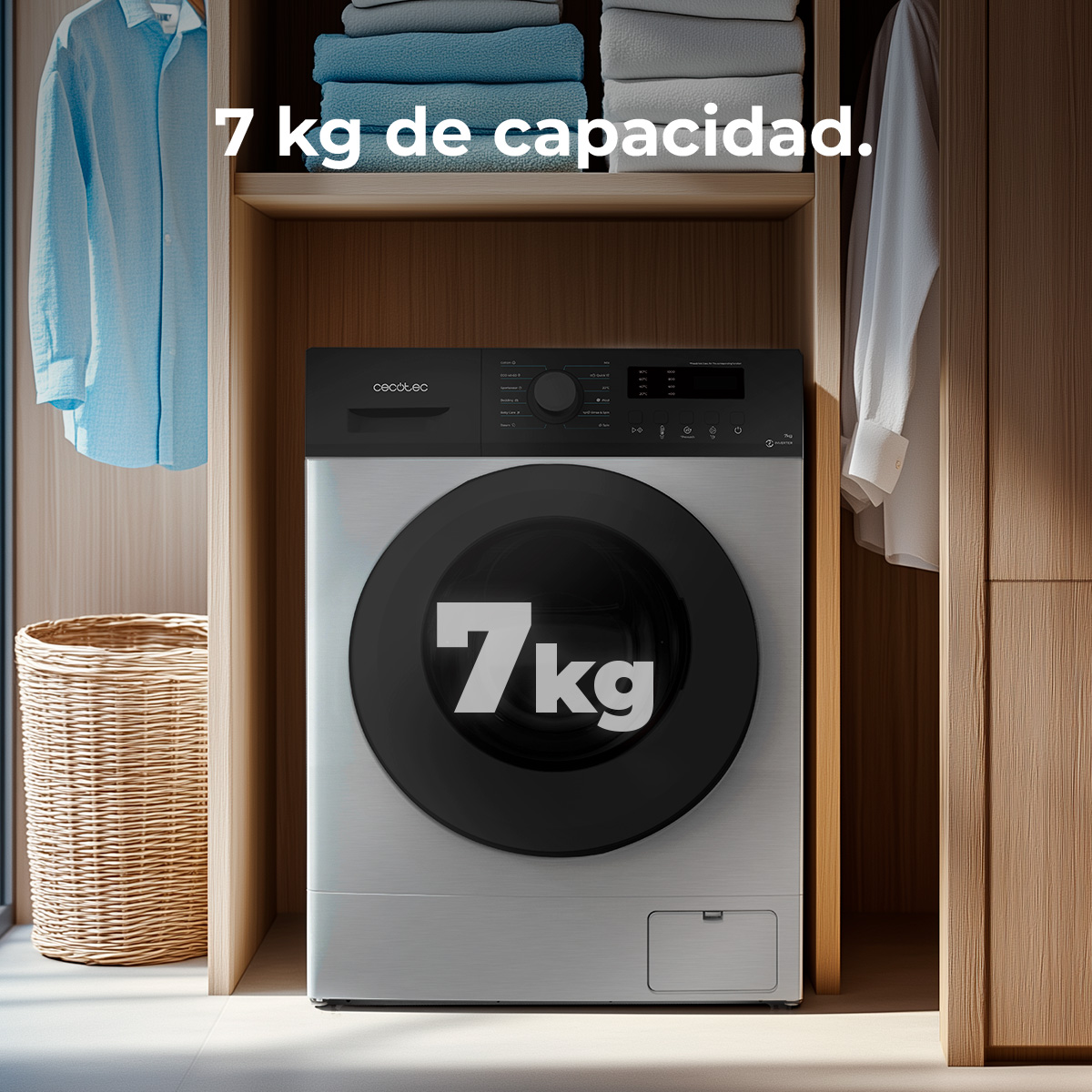 Pralka o pojemności 7 kg. Znajduje się w drewnianej szafie z ubraniami i koszem.