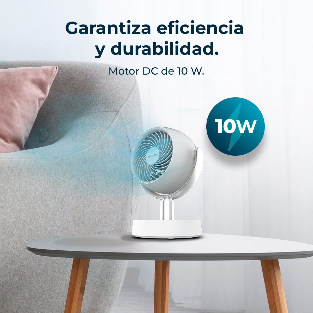 Biały wentylator na stole. Tekst mówi: Gwarantuje wydajność i trwałość. Silnik DC 10 W. Niebieskie koło wyświetla 10W.