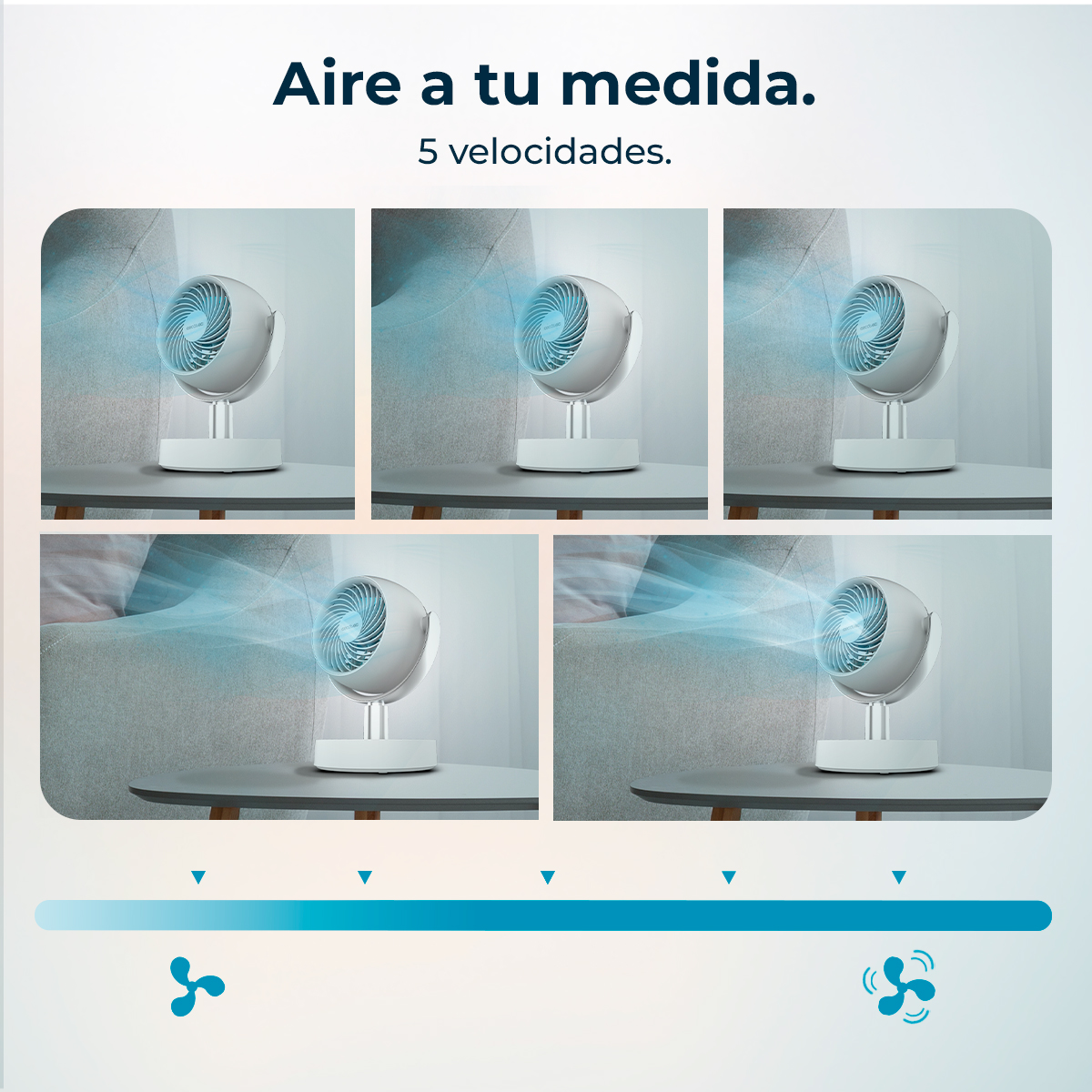 Obraz przedstawia biały wentylator z 5 ustawieniami prędkości. Wentylator stoi na stole. Scena obejmuje kanapę i tekst w języku hiszpańskim.