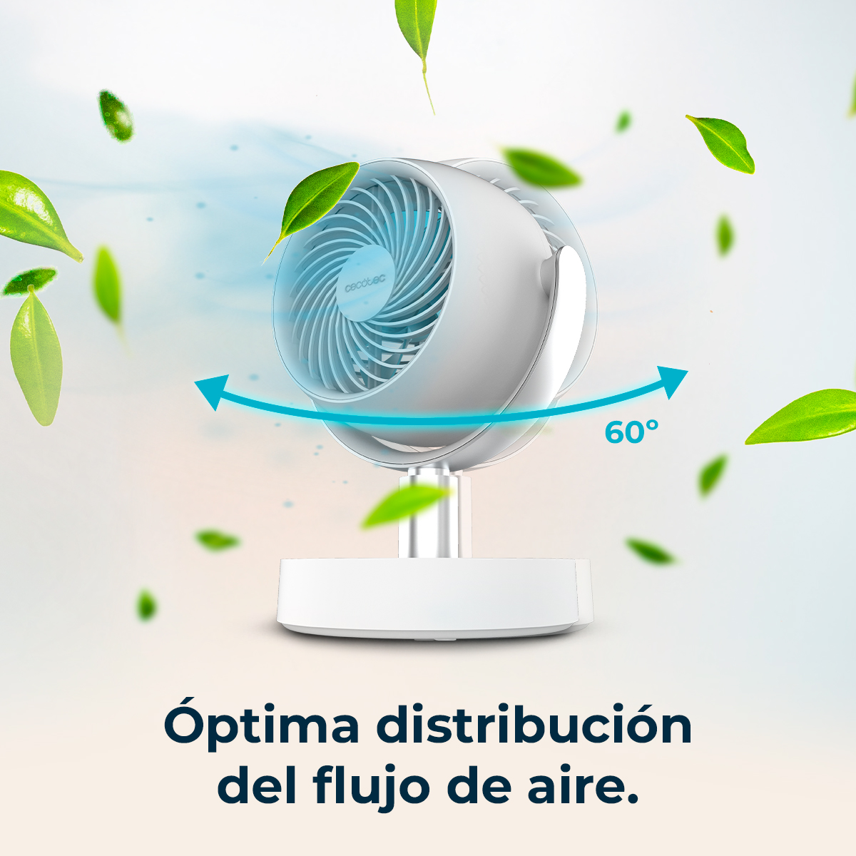 Biały wentylator z niebieskimi liniami przepływu powietrza. Zielone liście unoszą się wokół. Wentylator ma zakres 60 stopni. Tekst: Optymalny przepływ powietrza.
