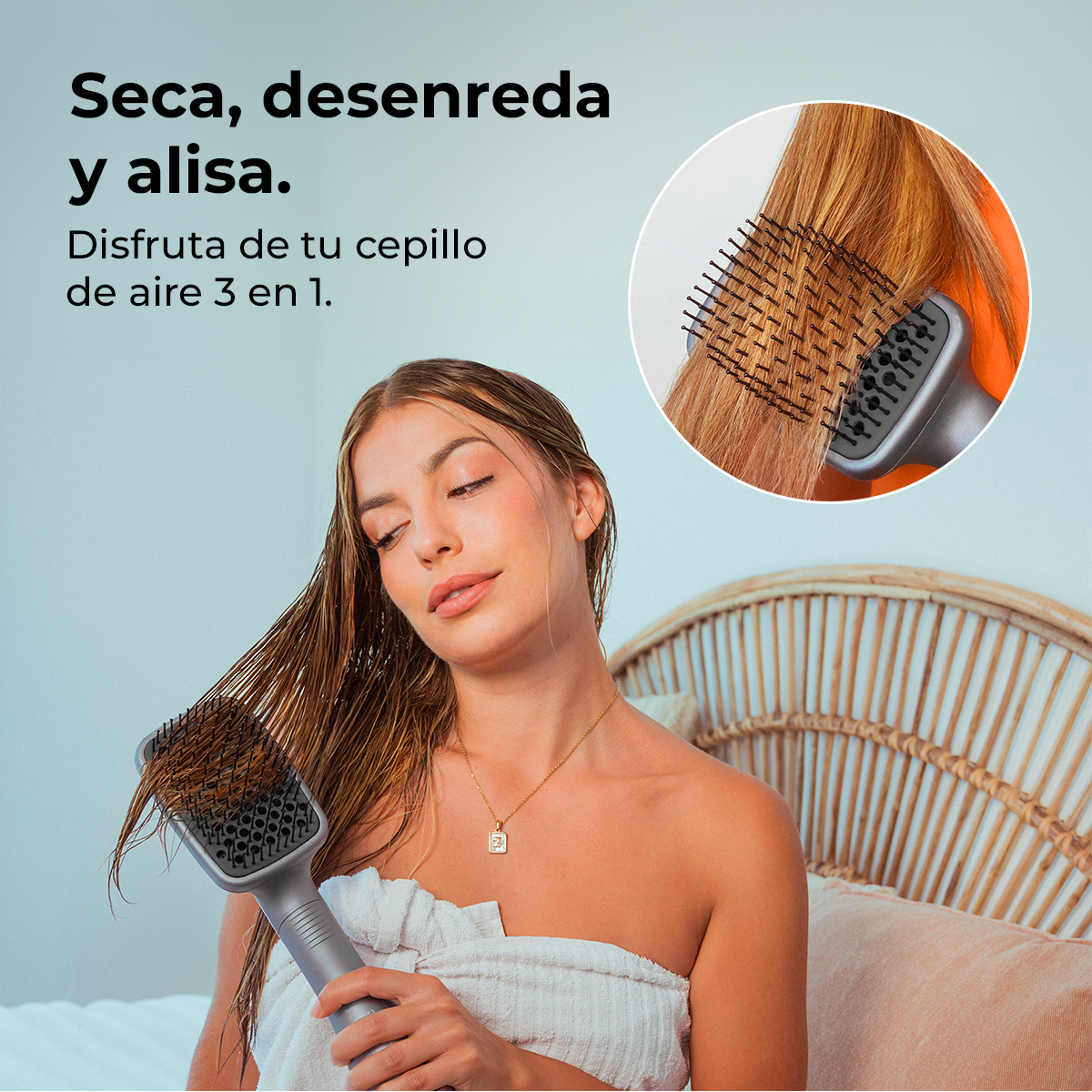 Una mujer usando un cepillo secador de pelo. La imagen incluye texto en español. Un primer plano muestra el cabello secándose y peinándose.