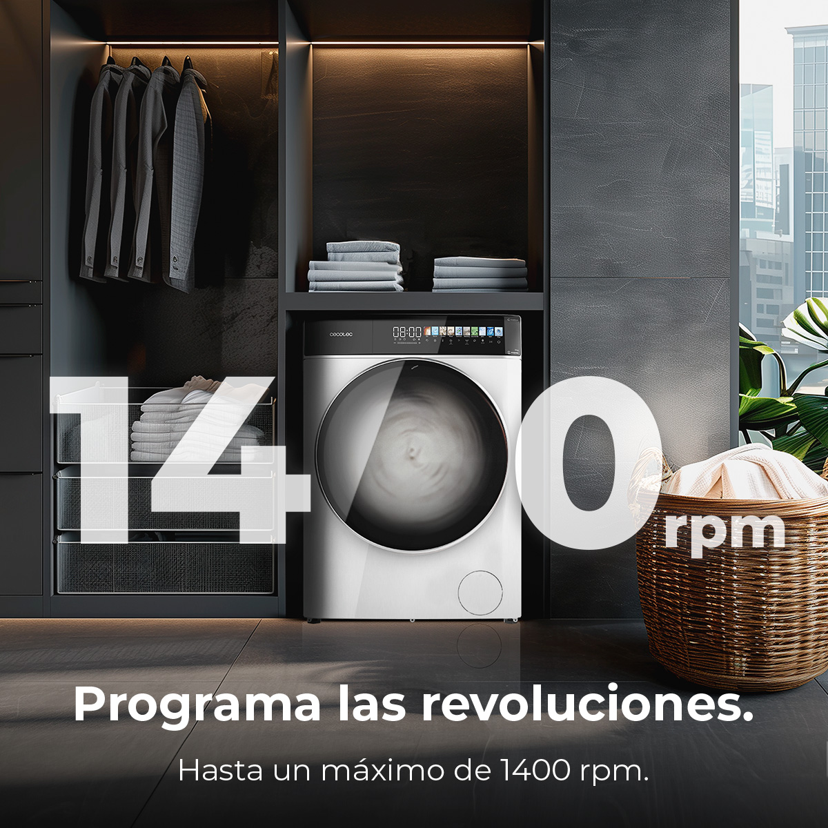 Una lavatrice in una lavanderia moderna. L'immagine mostra il numero 1400 e giri/min. Il testo dice 'Programa las revoluciones'.