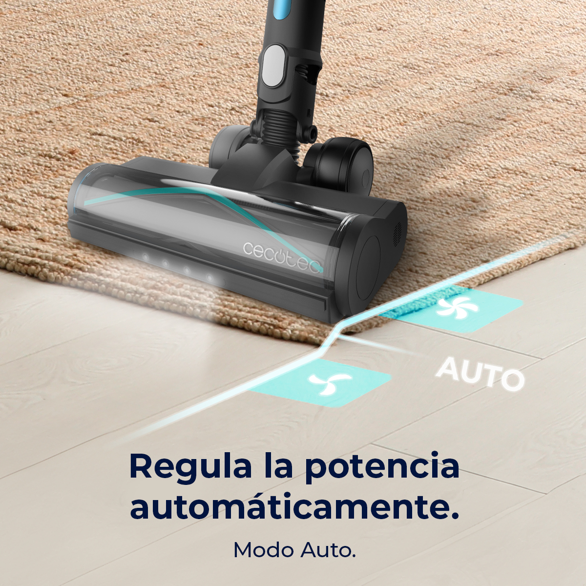 Una aspiradora negra y azul sobre una alfombra beige. Texto: Regula la potencia automáticamente. Modo Auto.