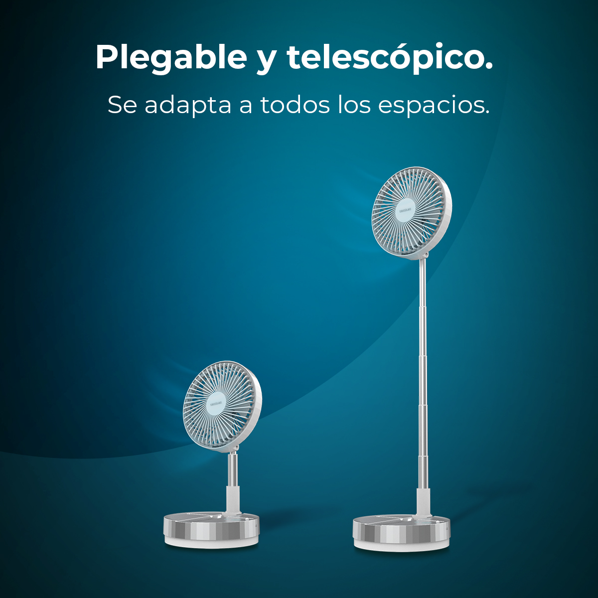 Dwa biało-srebrne wentylatory. Jeden jest rozłożony. Tekst u góry mówi: 'Składany i teleskopowy. Dostosowuje się do wszystkich przestrzeni.'