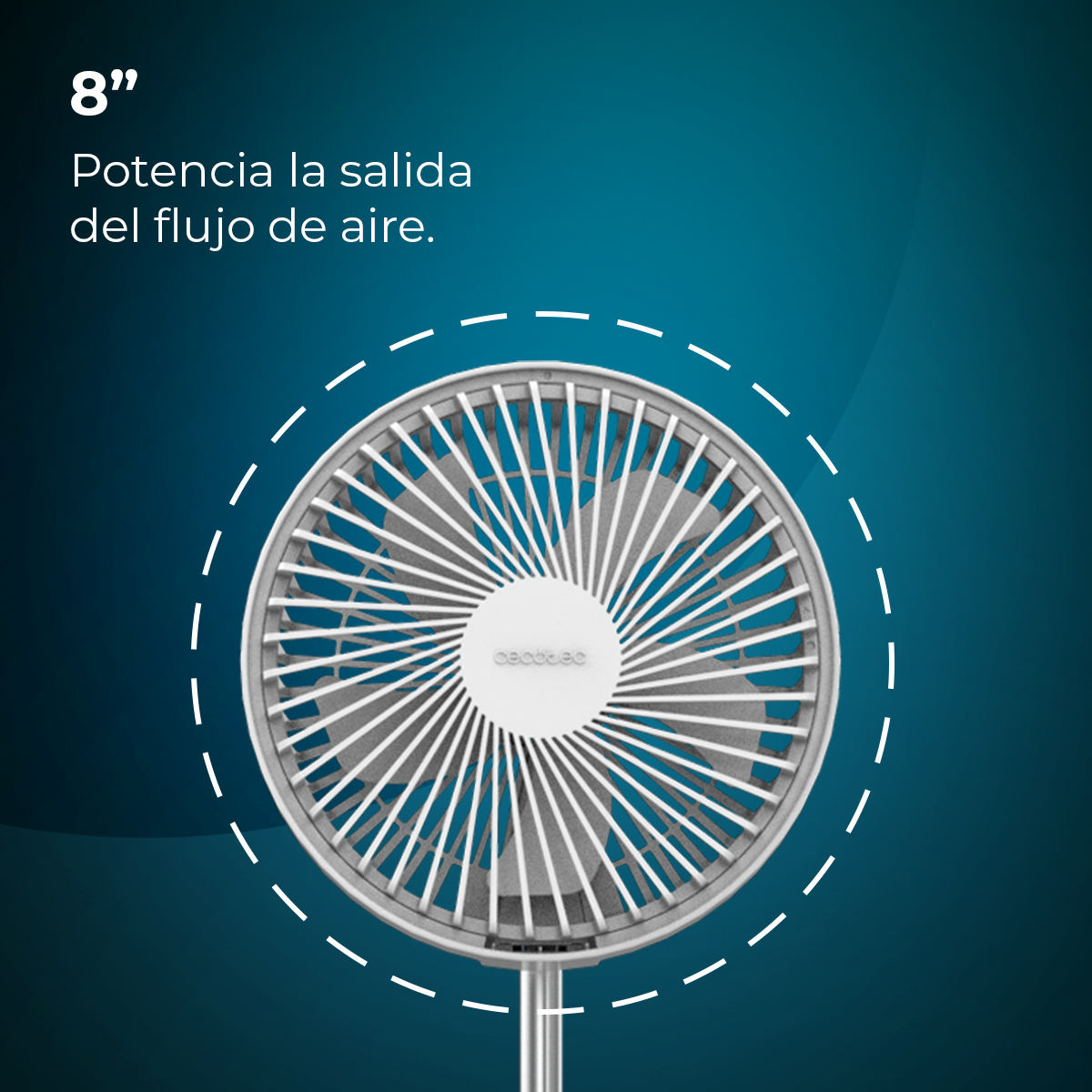 Biało-szary wentylator z łopatkami jest wyśrodkowany na ciemnoniebieskim tle. Tekst brzmi '8"' i 'Potencia la salida del flujo de aire'.