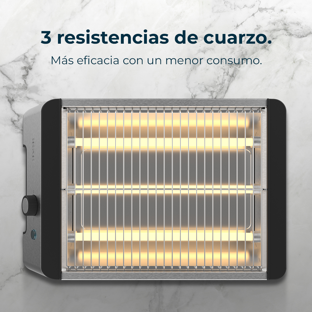 Un calefactor de cuarzo con tres elementos calefactores. Tiene una rejilla metálica, un marco negro y un fondo de mármol.