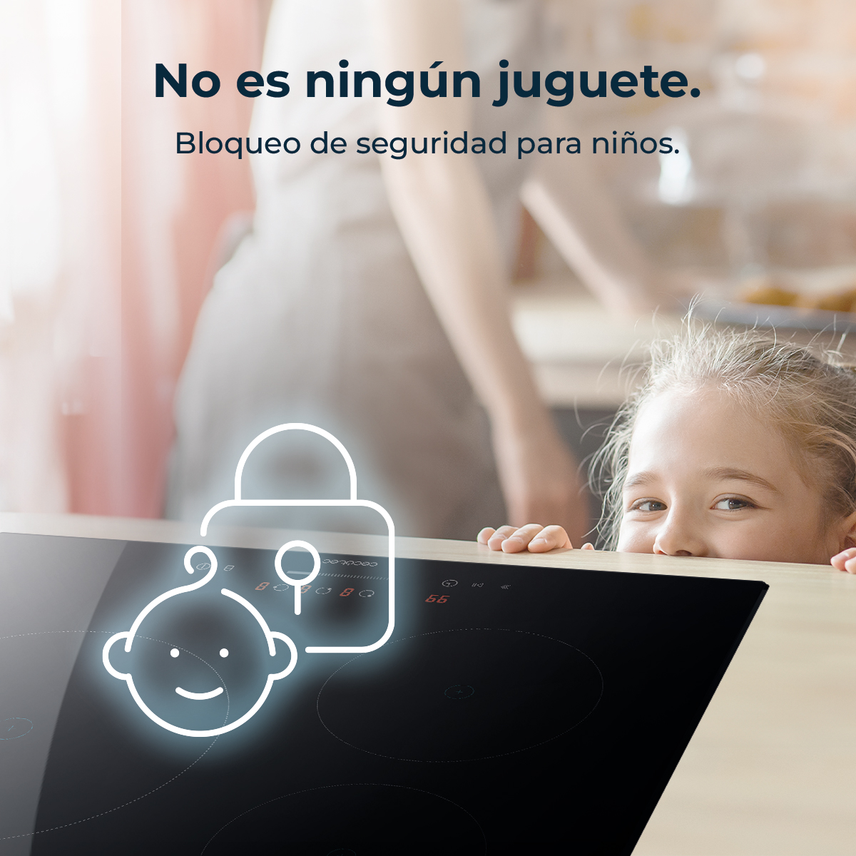 Una niña mira una estufa negra con un icono de bebé y un candado. El texto de arriba dice: 'No es un juguete' y abajo, 'Bloqueo de seguridad para niños'.