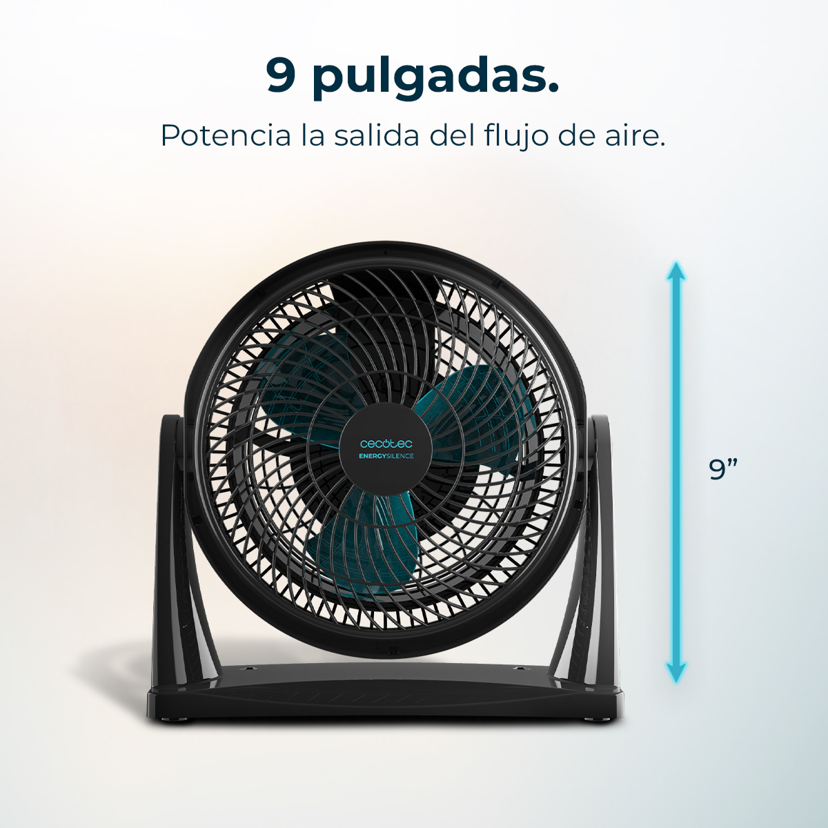 Ventilatore nero e verde acqua. Ha il marchio 'Cecotec' e la scritta 'Energy Silence'. Una freccia blu indica 9 pollici.