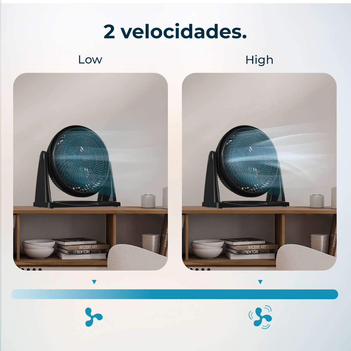 L'immagine mostra un ventilatore con impostazioni basse e alte, su una mensola di legno con libri e ciotole. L'impostazione alta mostra un flusso d'aria più forte.