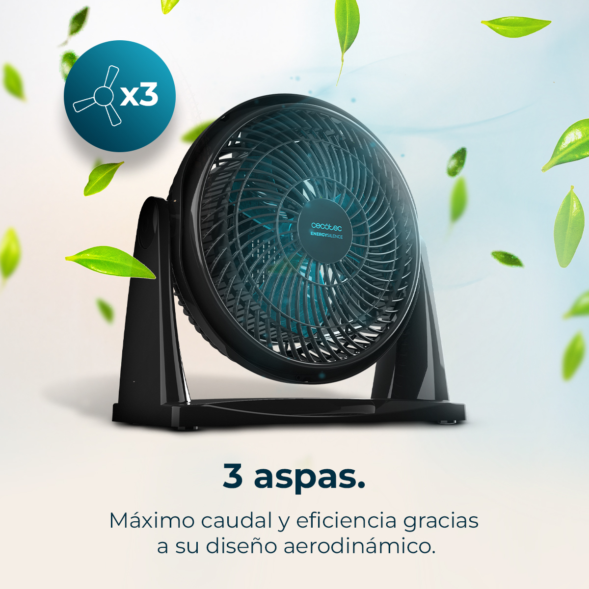 Un ventilatore nero con 3 pale, con un accento blu. Le foglie fluttuano attorno. Testo: '3 pale' e maggiori dettagli.