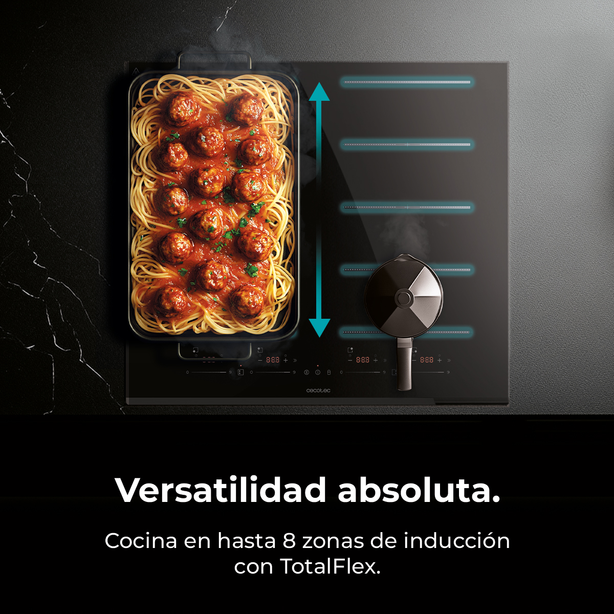 Nowoczesna czarna płyta indukcyjna ze spaghetti i klopsikami. Płyta ma kilka stref i patelnię.