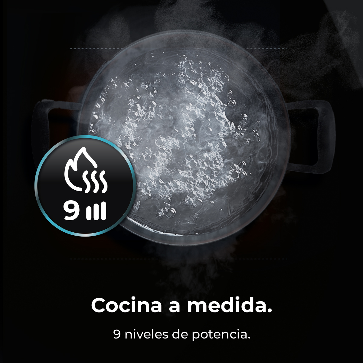 Garnek z wrzącą wodą. Okrągła ikona pokazuje fale ciepła i cyfrę 9. Tekst: 'Gotowanie na miarę, 9 poziomów mocy'.
