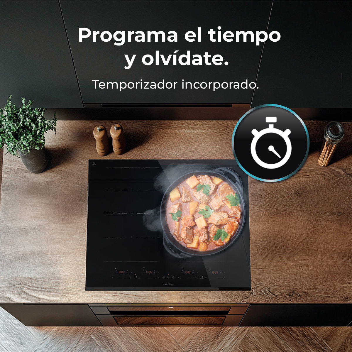 Czarna płyta grzejna z gotującym się jedzeniem w garnku. Tekst mówi „Zaprogramuj czas”. Ikona timera w tle.