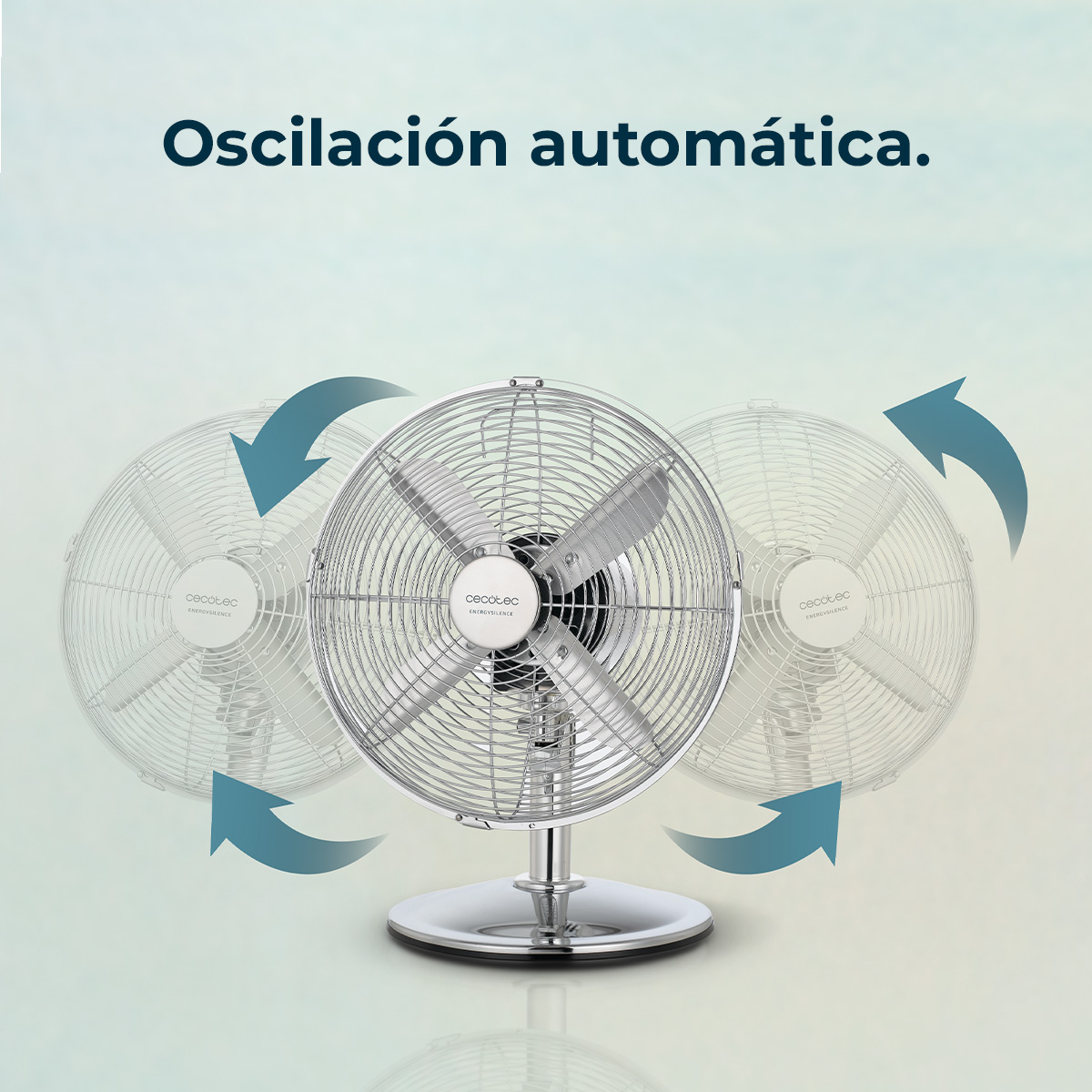 Un ventilatore cromato con tre posizioni oscillanti. Frecce blu indicano il movimento. Il testo in alto dice 'Oscilación automática'.