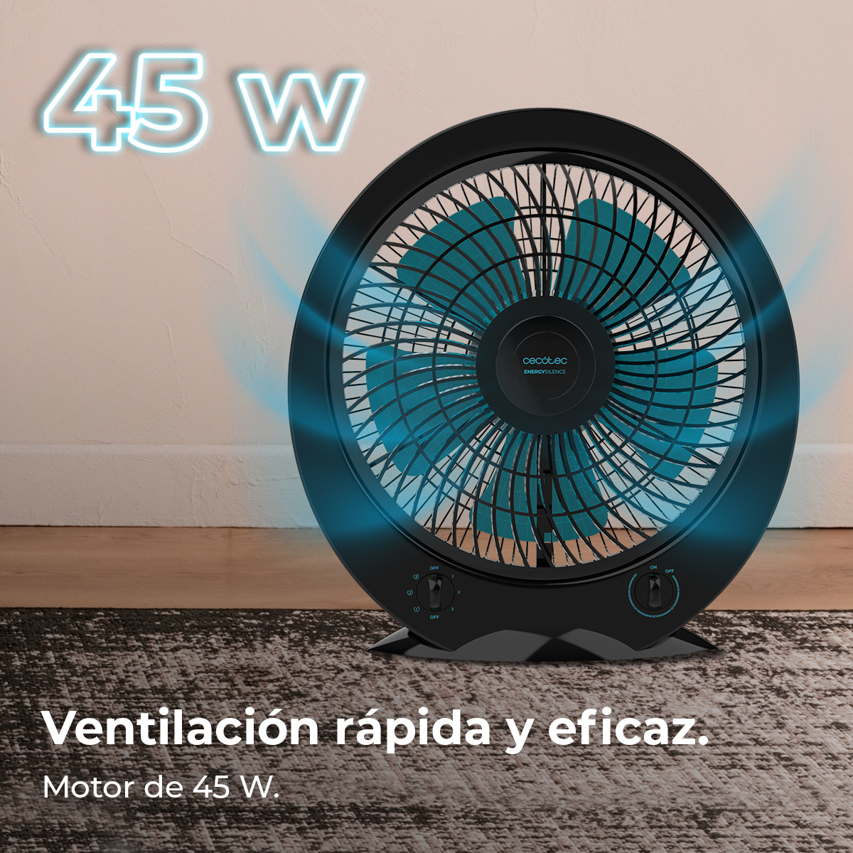 Czarny wentylator z niebieskimi łopatkami na wzorzystym dywanie. Tekst brzmi: '45 W' i 'Ventilación rápida y eficaz'.