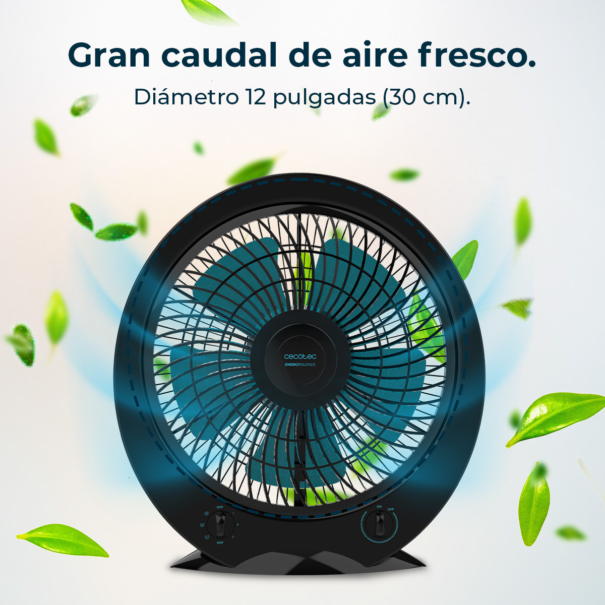 Czarny wentylator z niebieskimi ostrzami. Liście unoszą się wokół. Tekst: 'Świeże powietrze'.