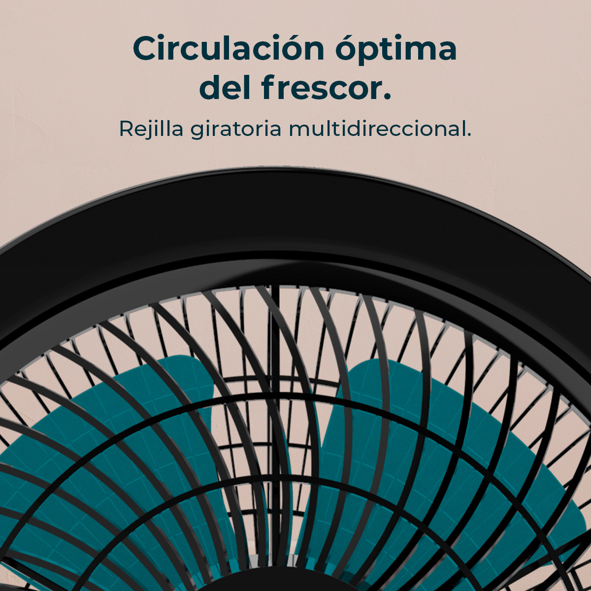 Zbliżenie czarnego wentylatora z turkusowymi łopatkami za kratką. Tło w kolorze beżowym. Tekst na górze w języku hiszpańskim.