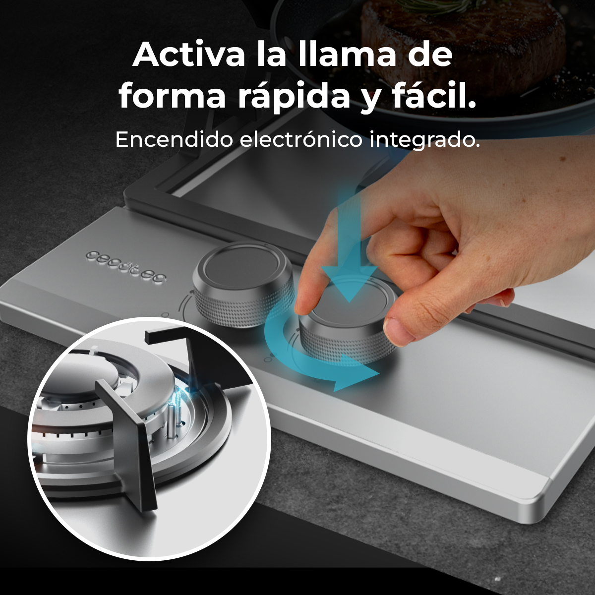 Ręka przekręca pokrętło kuchenki. Zbliżenie palnika gazowego z niebieskim płomieniem. Tekst: 'Aktywuj płomień szybko i łatwo'.