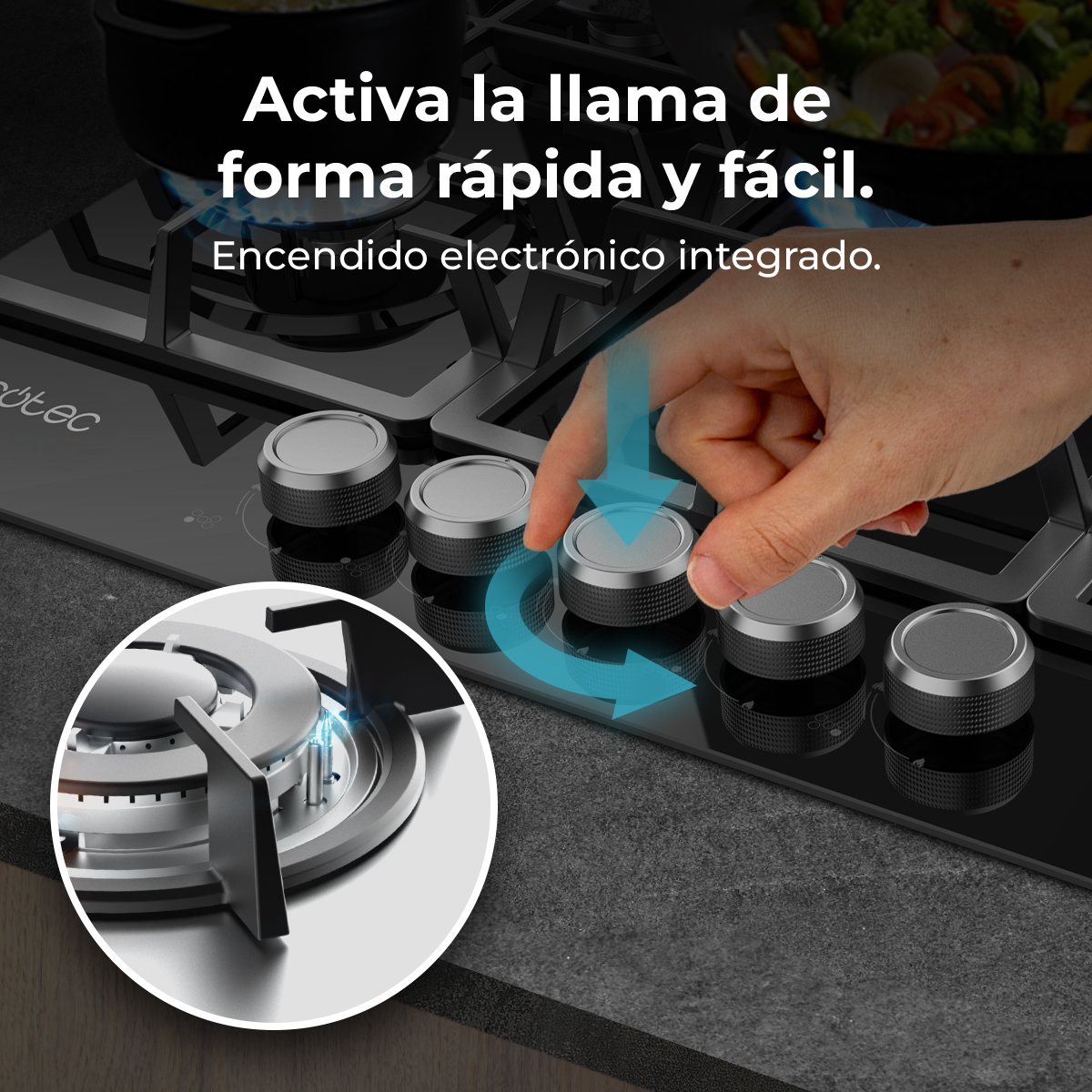 Una mano gira una perilla de la estufa, flecha azul indica el proceso. Texto en español: Activa la llama rápida y fácilmente.