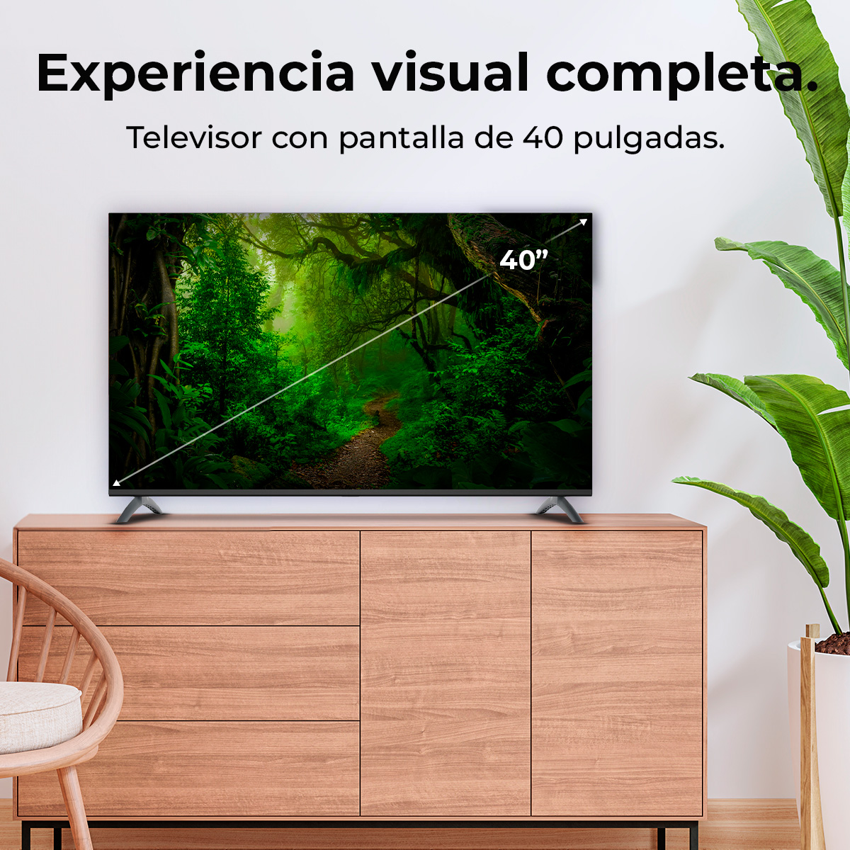 Un televisor de 40 pulgadas muestra una escena de la jungla, colocado en un mueble de madera, con una silla a la izquierda y una planta a la derecha.