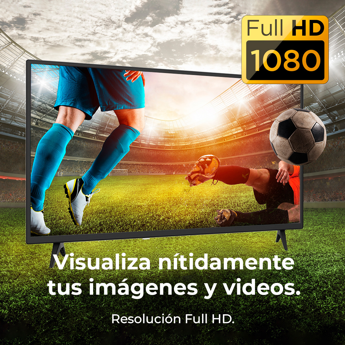 TV mostrando un partido de fútbol. Jugador de azul corriendo. Portero se lanza. TV tiene etiqueta 'Full HD 1080'.