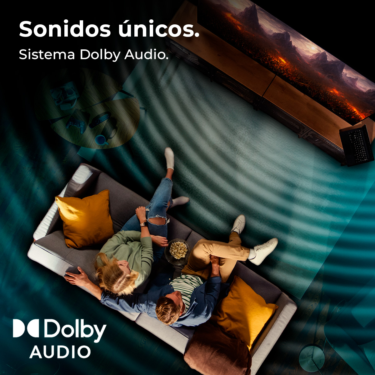 Una pareja relajándose en un sofá gris, viendo la televisión. Hay almohadas, palomitas de maíz y el logo Dolby Audio. La TV muestra una escena de montaña.