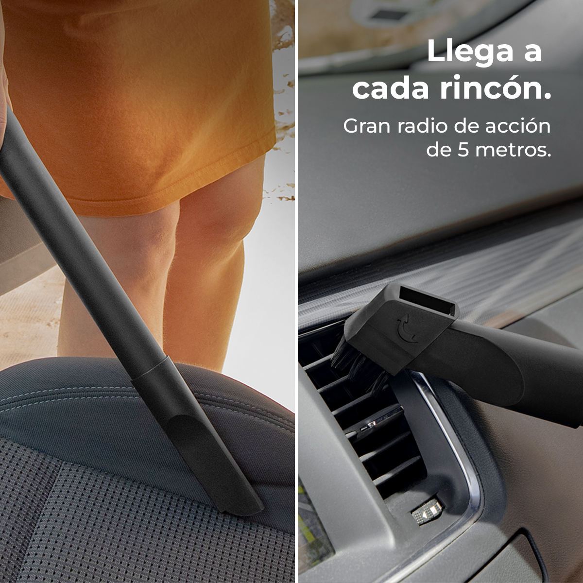 Una persona aspira un sedile dell'auto con un accessorio nero per aspirapolvere. Un testo dice: 'Raggiunge ogni angolo. Grande portata di 5 metri'.