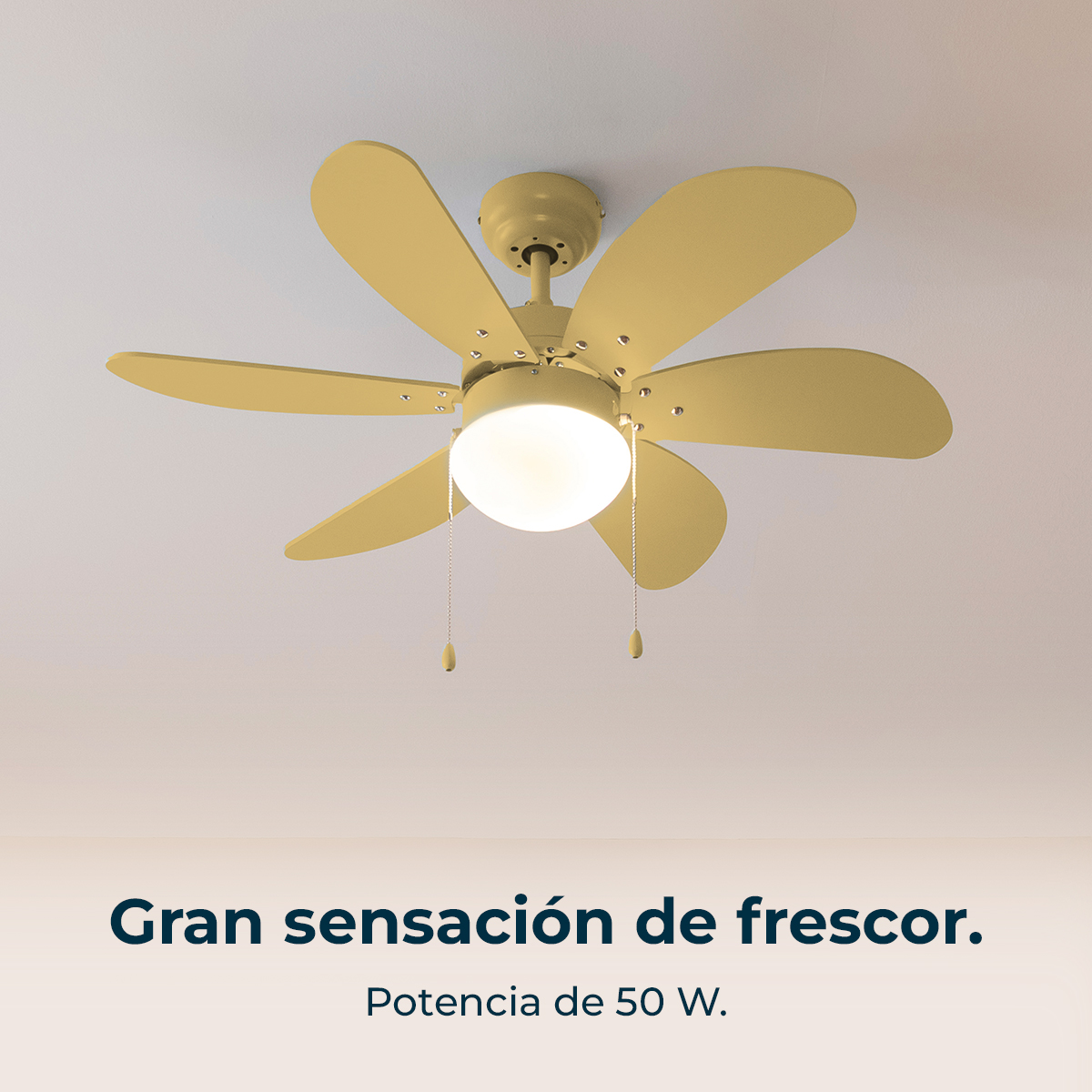 Un ventilatore da soffitto giallo con sei pale e una luce. Il testo sottostante recita: 'Grande sensazione di freschezza. Potenza di 50 W.'