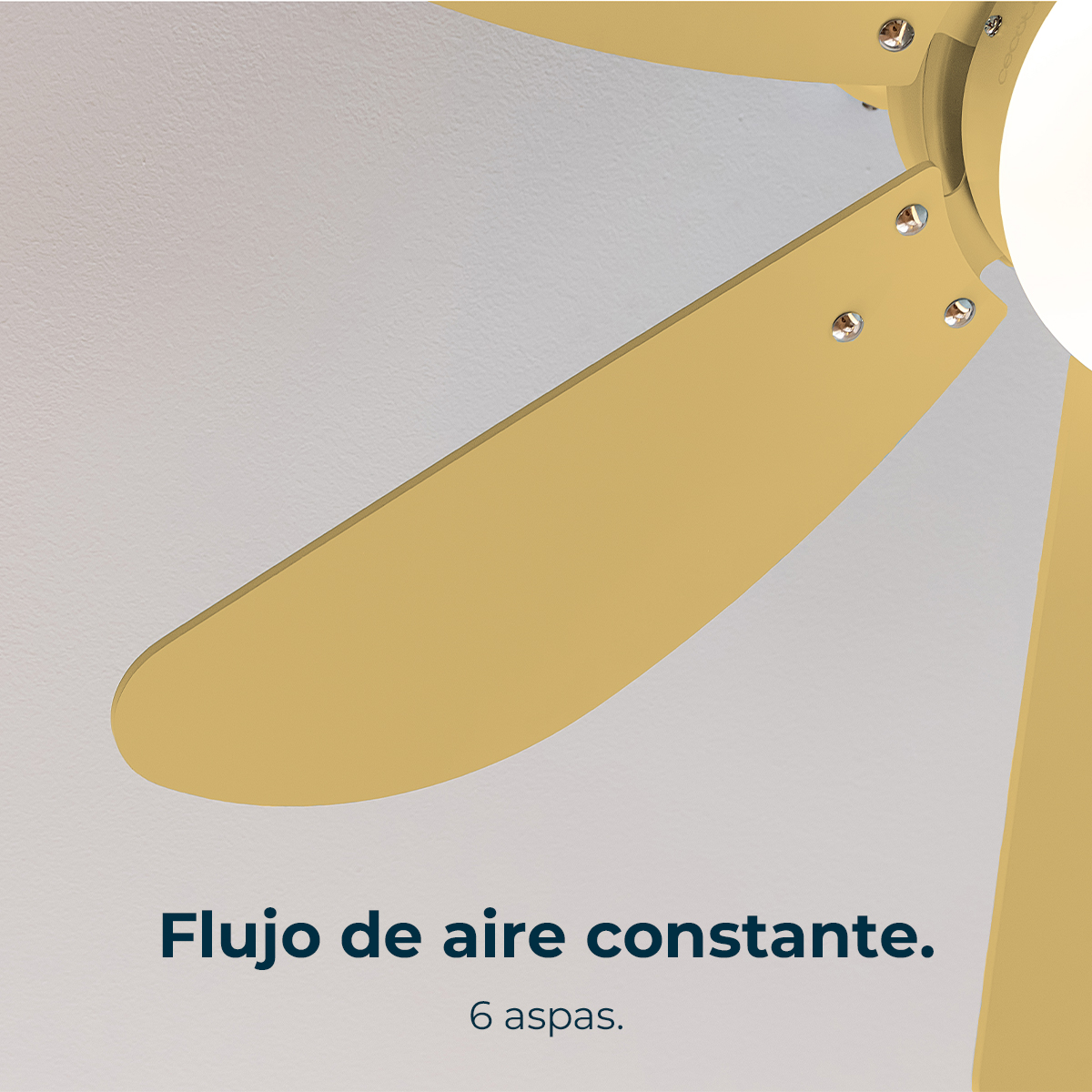 Primo piano di un ventilatore da soffitto con sei pale gialle contro un soffitto bianco. Testo: Flusso d'aria costante. 6 pale.