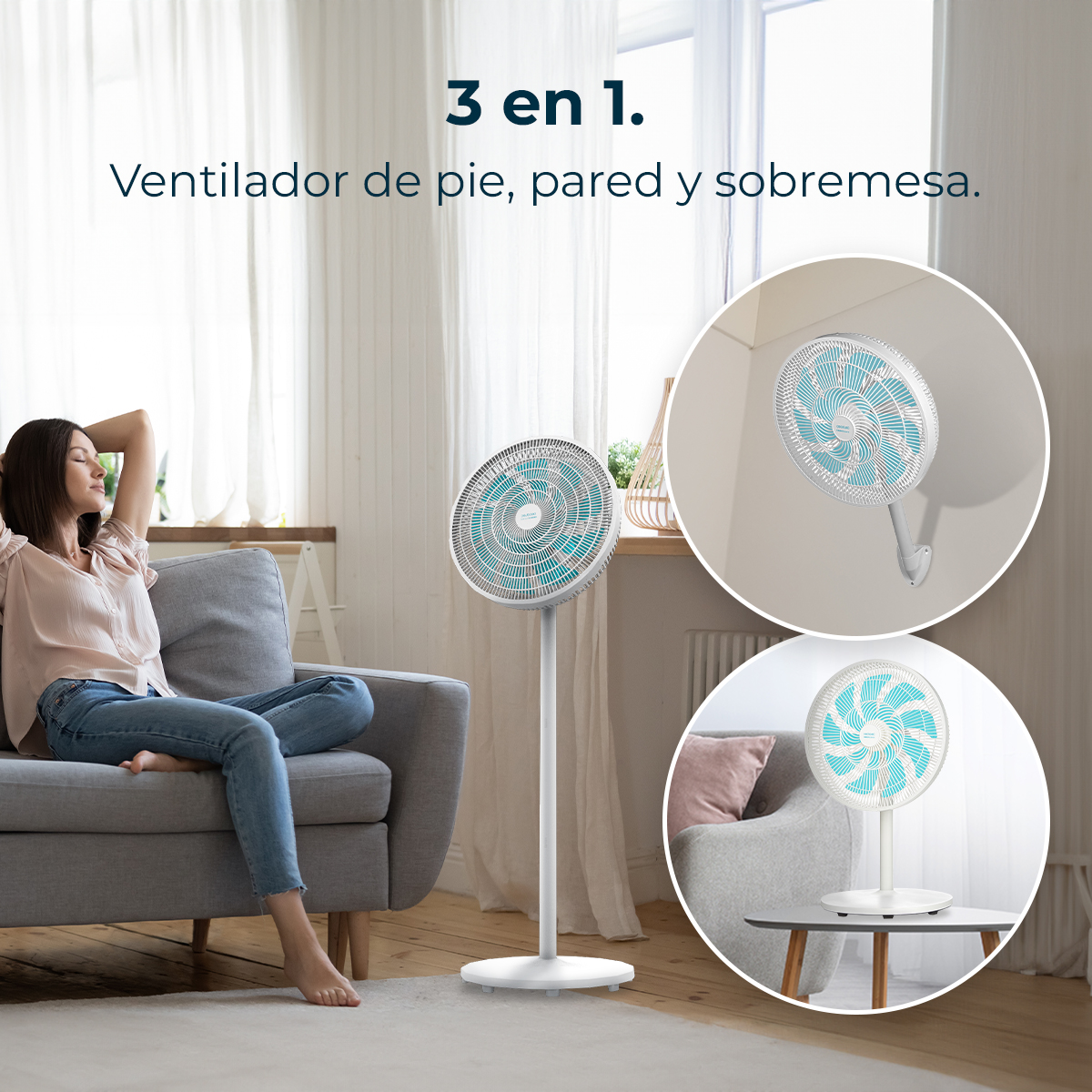 Una mujer se relaja en un sofá junto a un ventilador blanco. La imagen también muestra primeros planos de otros dos estilos de ventilador.