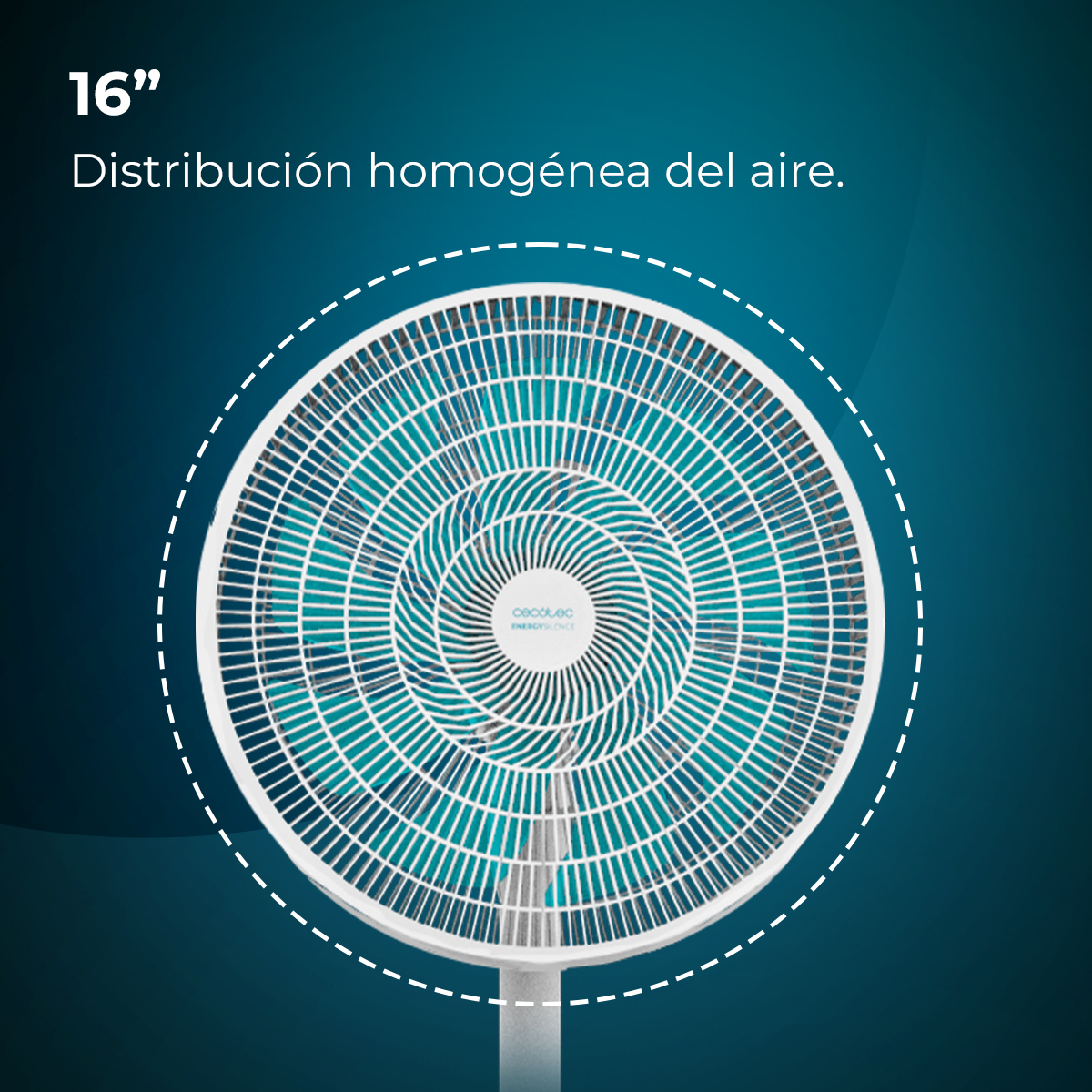 Un ventilador blanco con una aspa de ventilador con un patrón azul y blanco. Las palabras '16"' y 'Distribución homogénea del aire' están arriba.