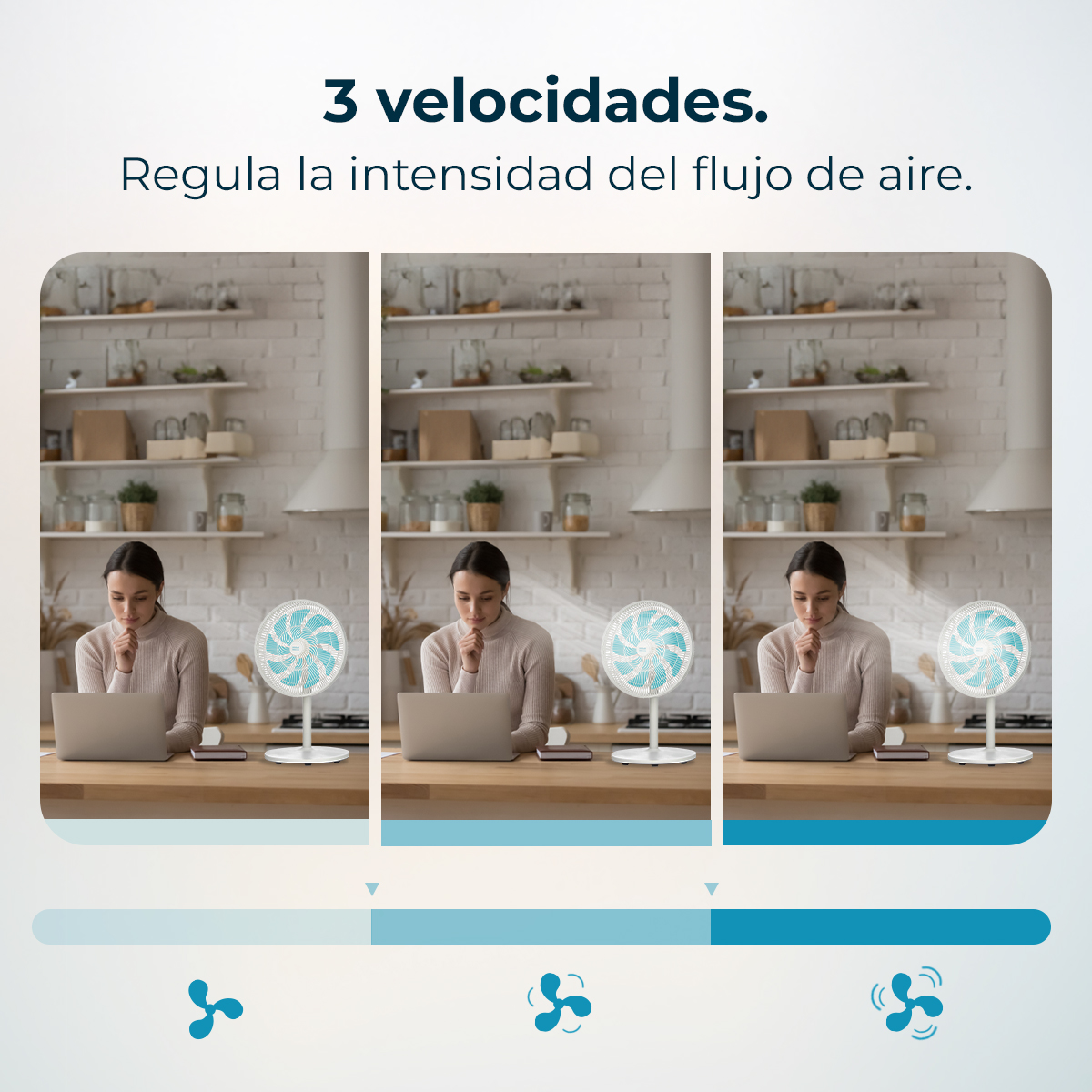 La imagen muestra a una mujer en un escritorio con una computadora portátil y un ventilador con 3 velocidades. El fondo es una cocina.