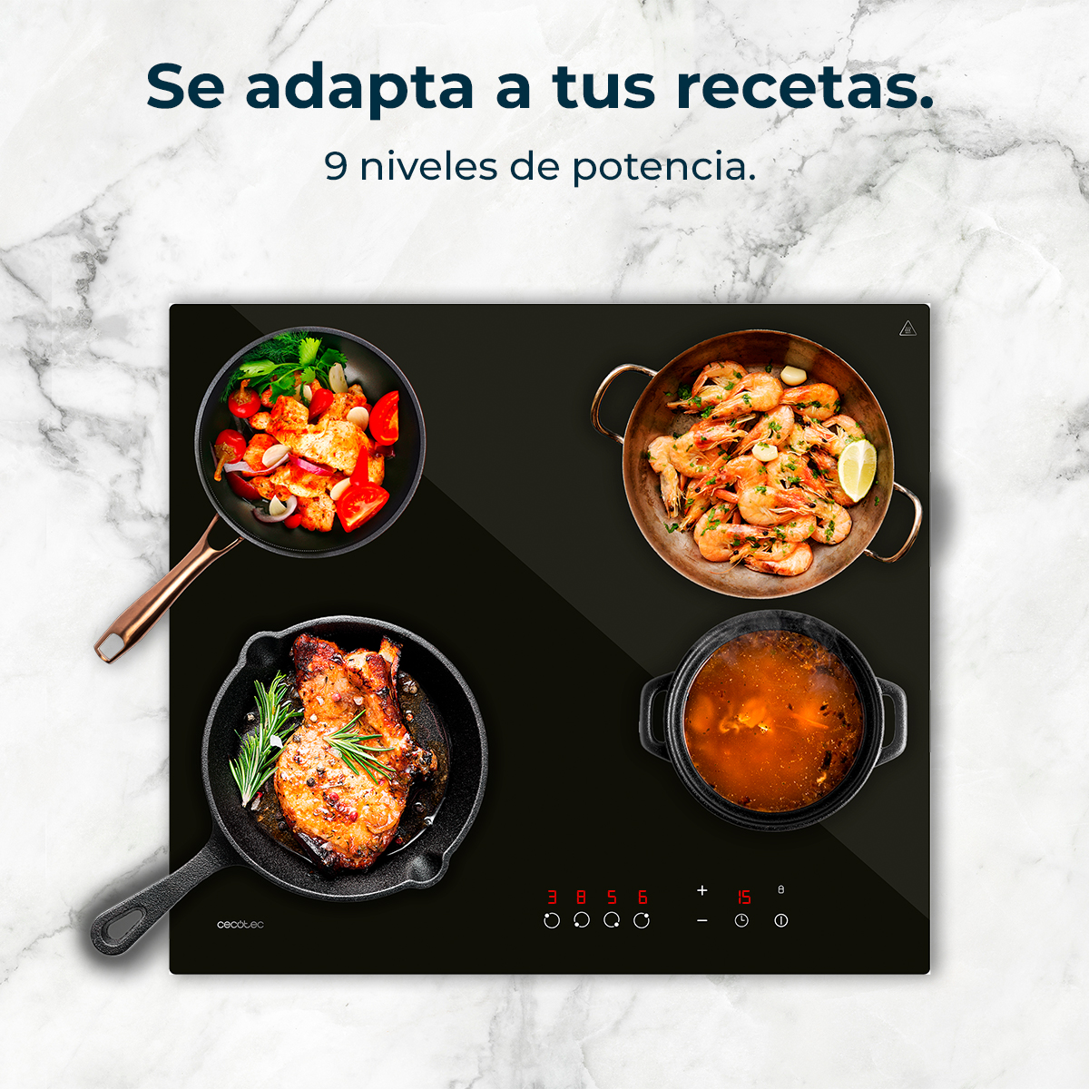 Placa de cocina negra con cuatro sartenes de comida: verduras, camarones, bistec y sopa. Texto: 'Se adapta a tus recetas. 9 niveles de potencia.'
