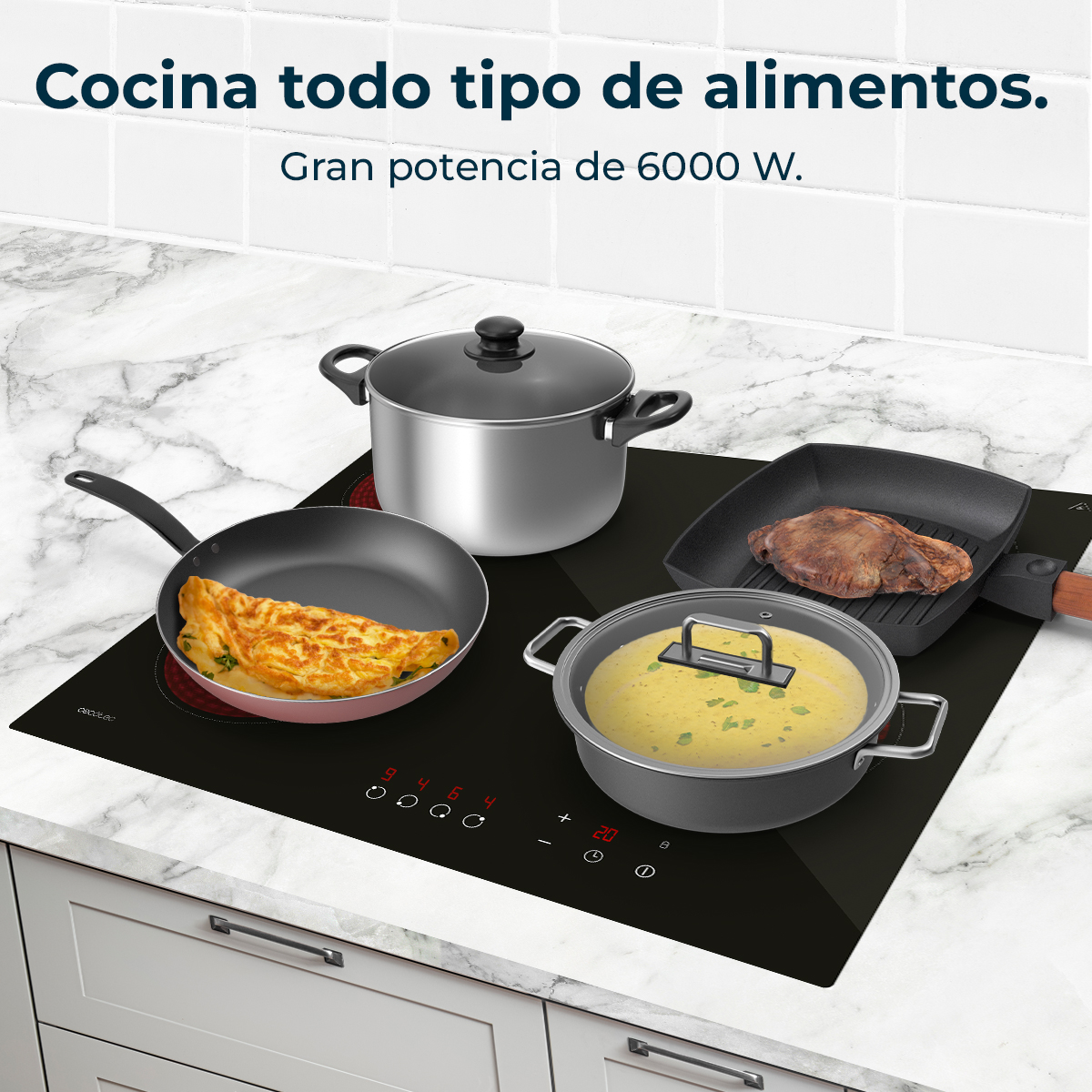 Una moderna placa de cocina negra con varias ollas y sartenes. Una tortilla está en una sartén y un bistec en una parrilla.