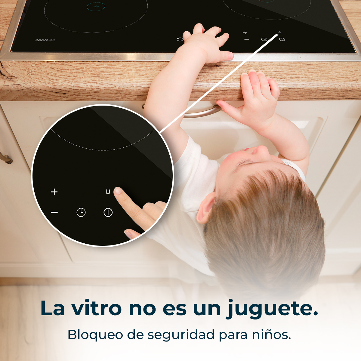 La mano de un bebé cerca de una estufa. Un dedo presiona un botón de bloqueo. El texto dice: 'La vitro no es un juguete. Bloqueo de seguridad.'