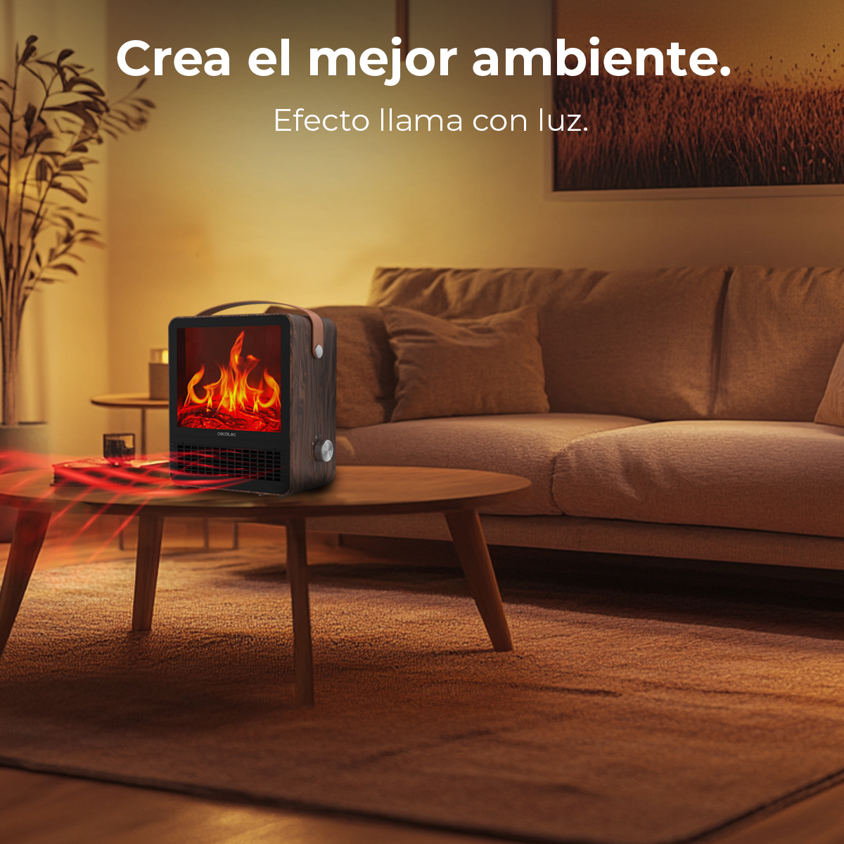 Un calefactor de chimenea está sobre una mesa frente a un sofá. El calentador tiene un efecto de llama. La habitación es acogedora.