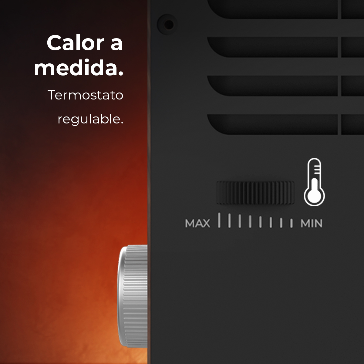 Primer plano del panel de control de un calentador. Tiene un dial de temperatura, una escala de temperatura y texto en español. El fondo es naranja.