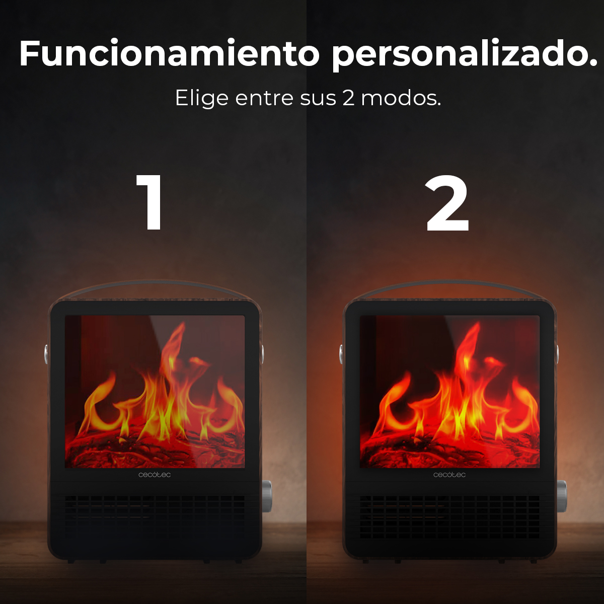 Dos chimeneas eléctricas, numeradas 1 y 2, con llamas en el interior. El texto superior dice: funcionamiento personalizado. Elige entre 2 modos.