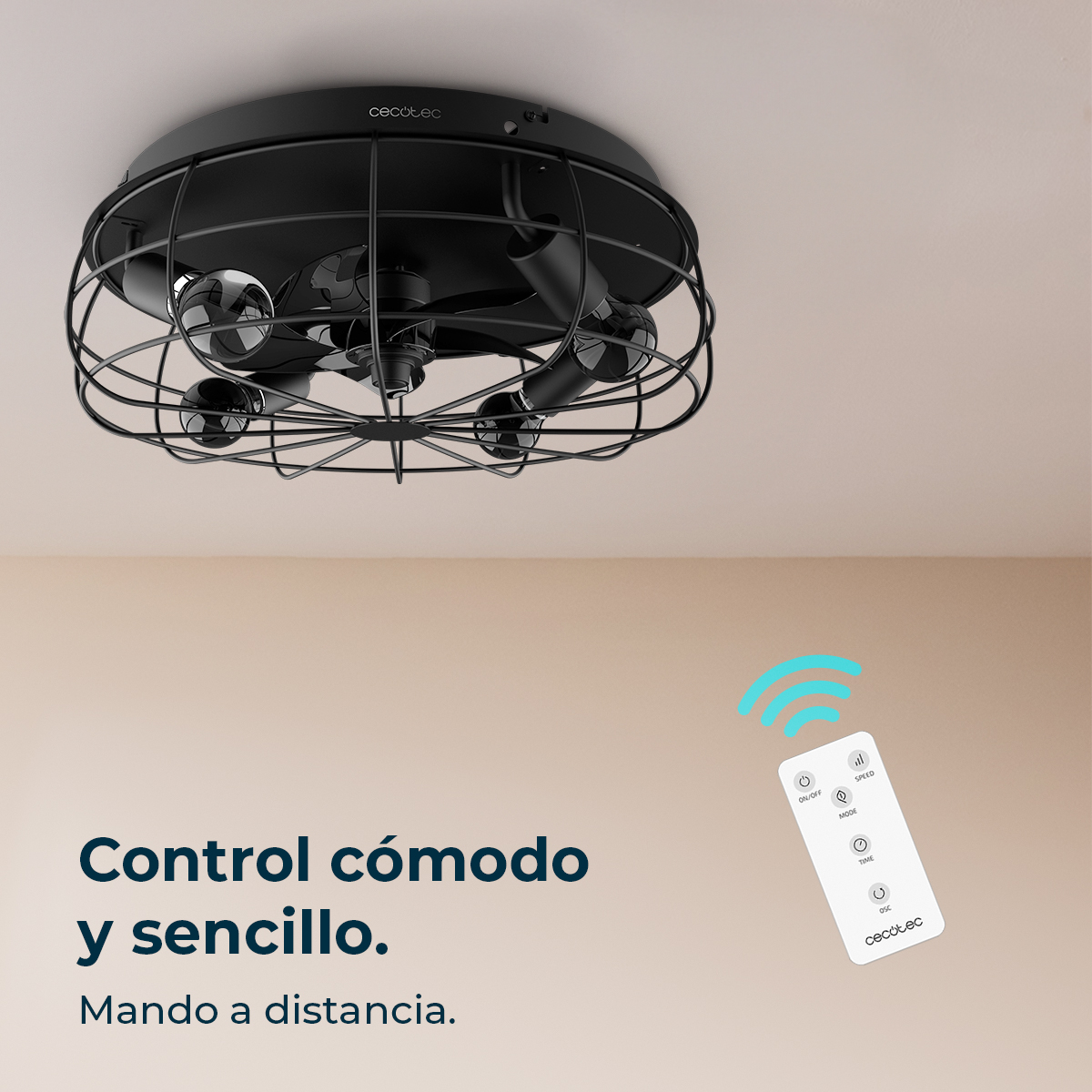 Czarny wentylator sufitowy z klatkowym designem, pilotem i tekstem: 'Control cómodo y sencillo. Mando a distancia.'