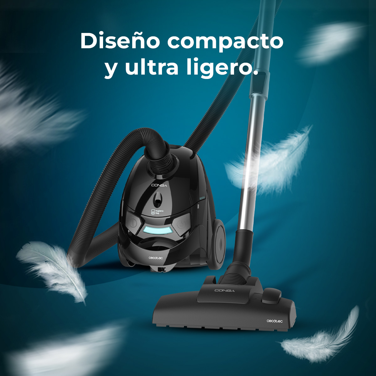 Una aspiradora negra con un tubo plateado y un cepillo negro. Plumas blancas flotan. Fondo azul. Texto: compacto y ultraligero.