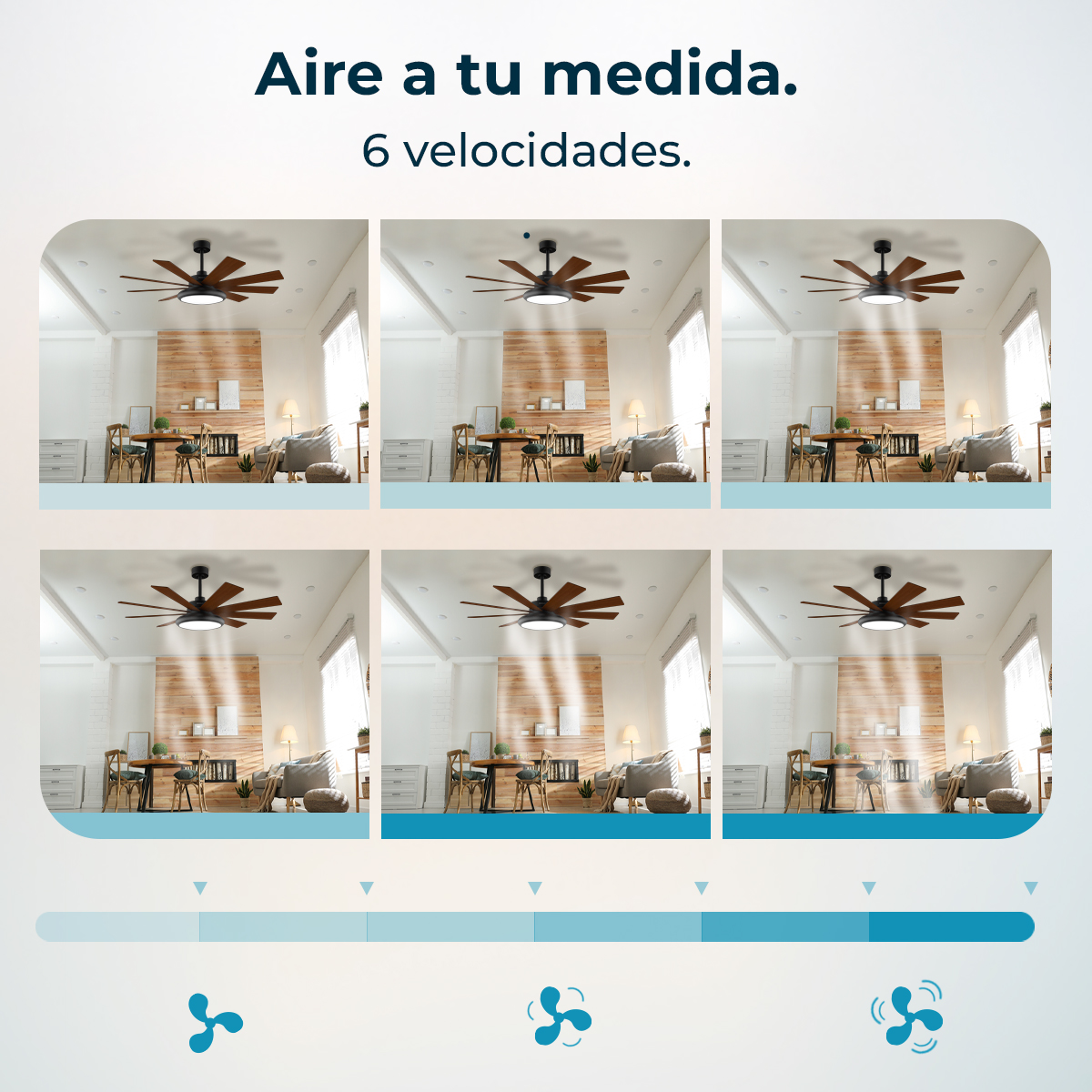 Image shows a graphic of a ceiling fan with six speed variations. Each fan image shows the fan in a room setting.