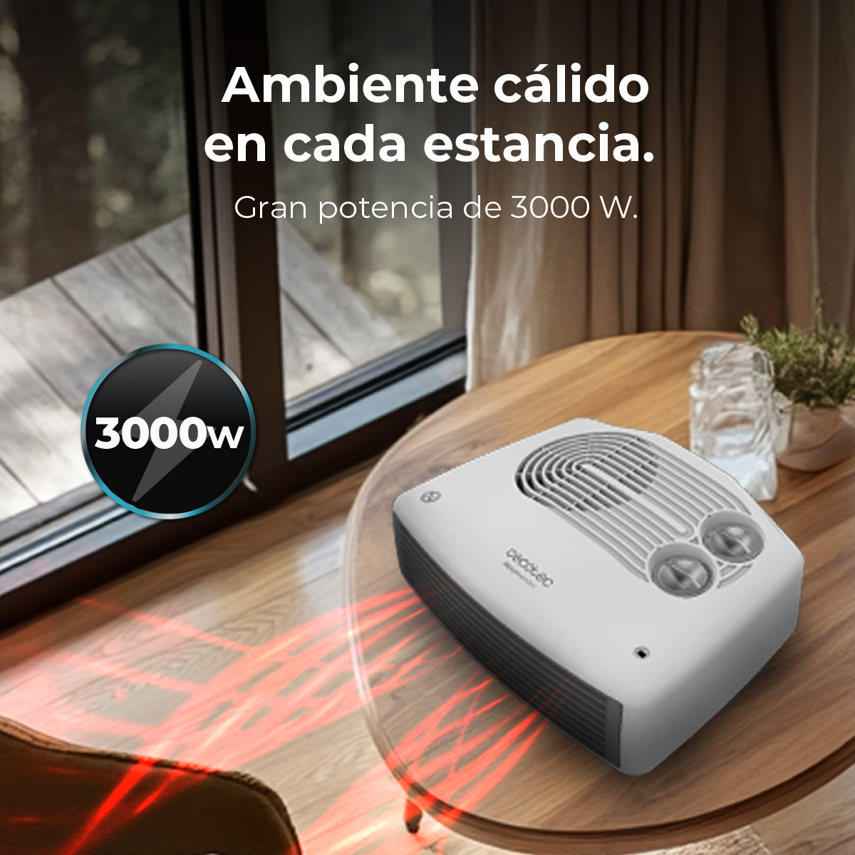 Biało-szary grzejnik na drewnianym stole. Czerwone linie symulują ciepło. Tekst: 'Ciepłe otoczenie w każdym pomieszczeniu. 3000W'.