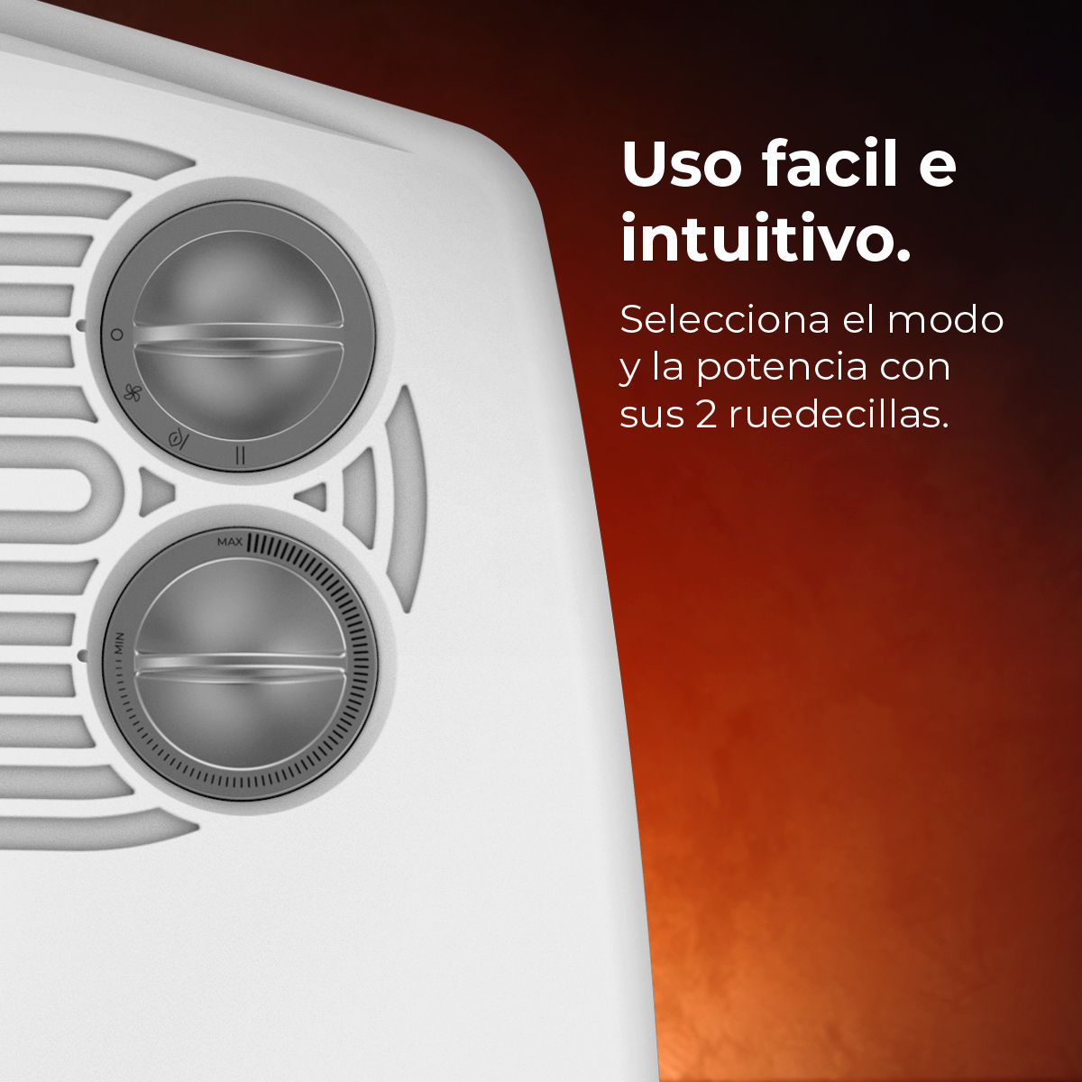 Białe urządzenie z dwoma szarymi pokrętłami. Tekst: 'Łatwe i intuicyjne użytkowanie. Wybierz tryb i moc za pomocą 2 pokręteł'.
