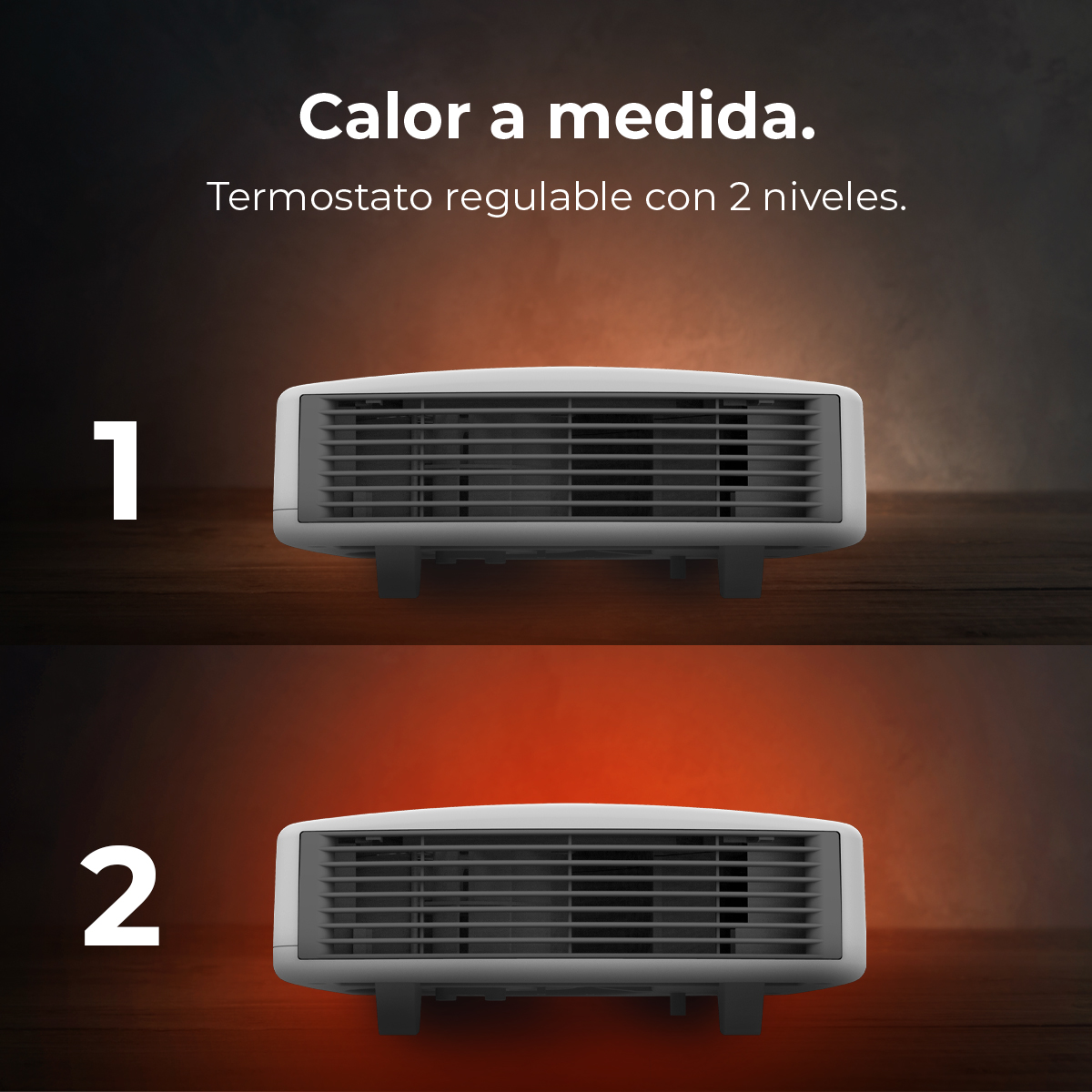 Obraz przedstawia dwa grzejniki z różnymi poziomami ciepła. Tekst brzmi: 'Calor a medida. Termostato regulable con 2 niveles.'