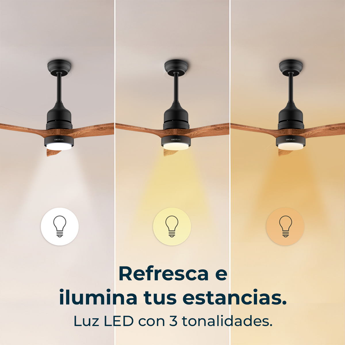 Ein Deckenventilator mit Licht zeigt drei Lichtfarben: Weiß, Gelb und Orange. Text: 'Refresca e ilumina tus estancias.'