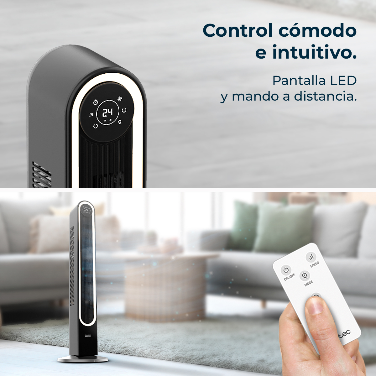 Czarny i srebrny grzejnik z pilotem. Tekst: 'Control cómodo e intuitivo' i 'Pantalla LED y mando a distancia'.