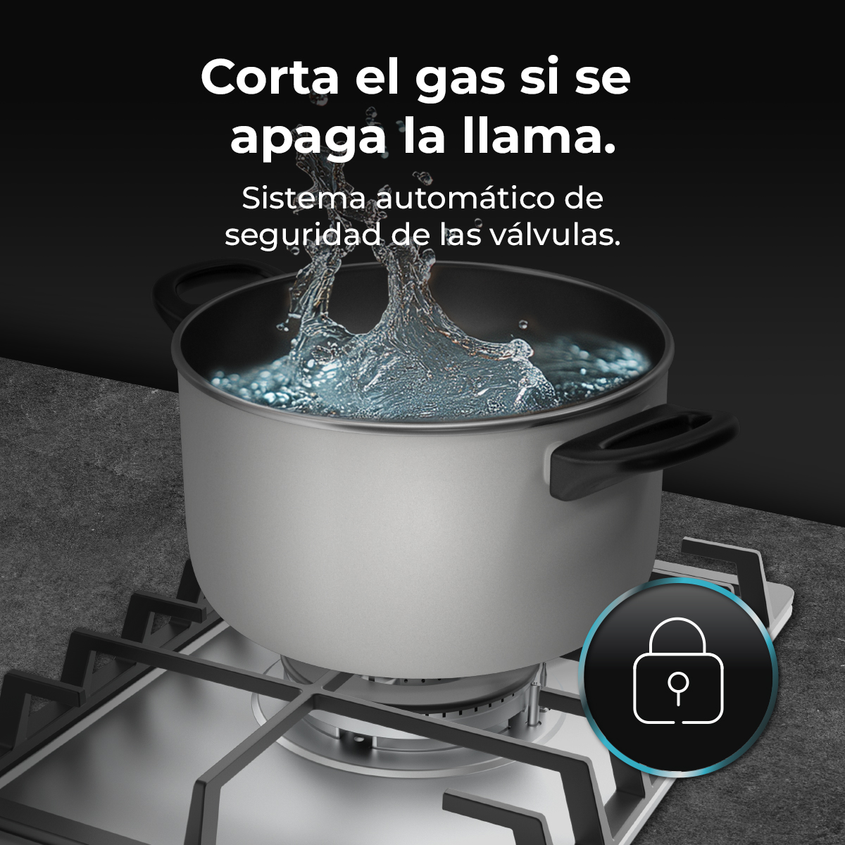 Garnek wrzącej wody na kuchence gazowej. Hiszpański tekst mówi: "Odłącz gaz, jeśli płomień zgaśnie."