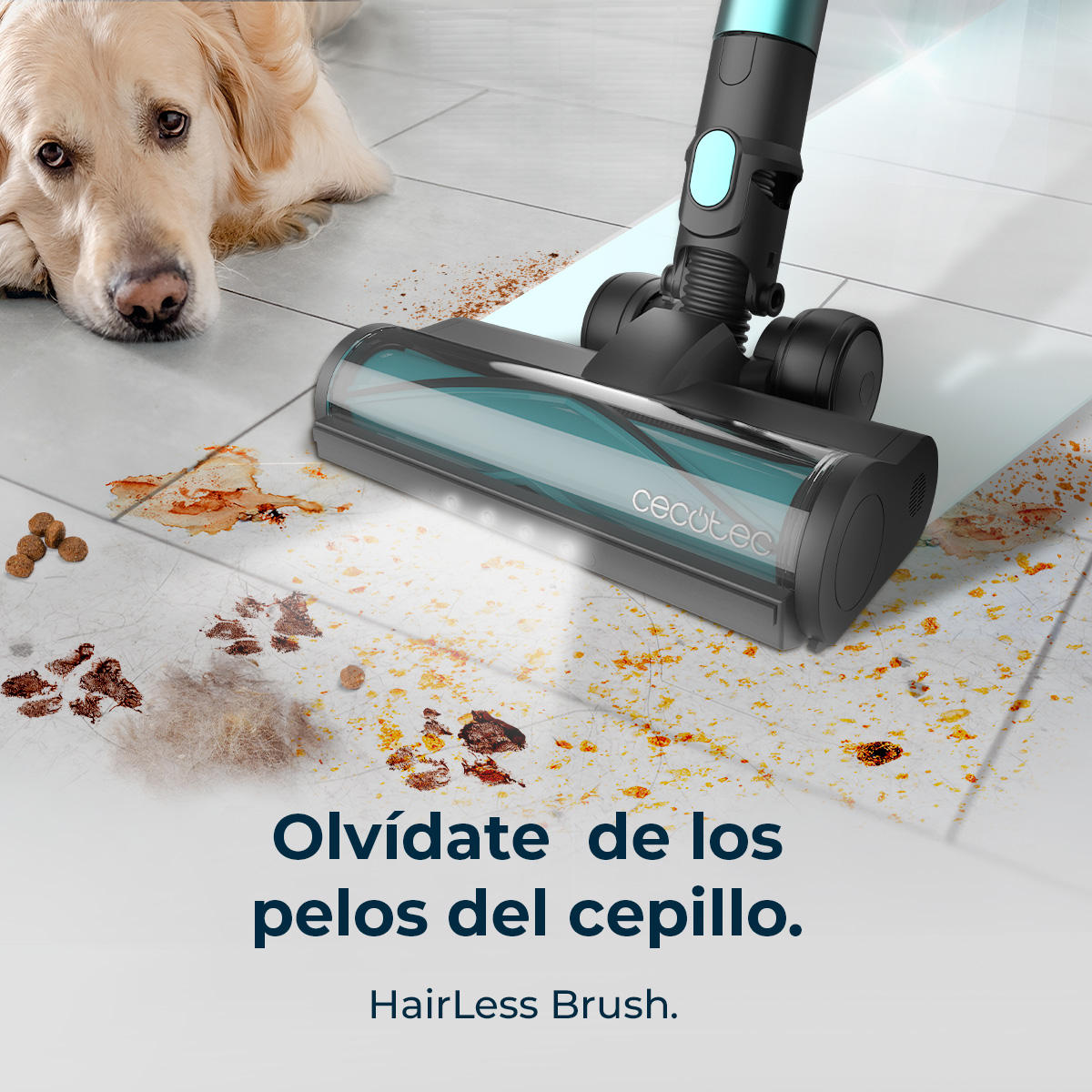 Un golden retriever yace cerca de una aspiradora que limpia un suelo sucio con comida para mascotas y pelo. Texto: HairLess Brush.