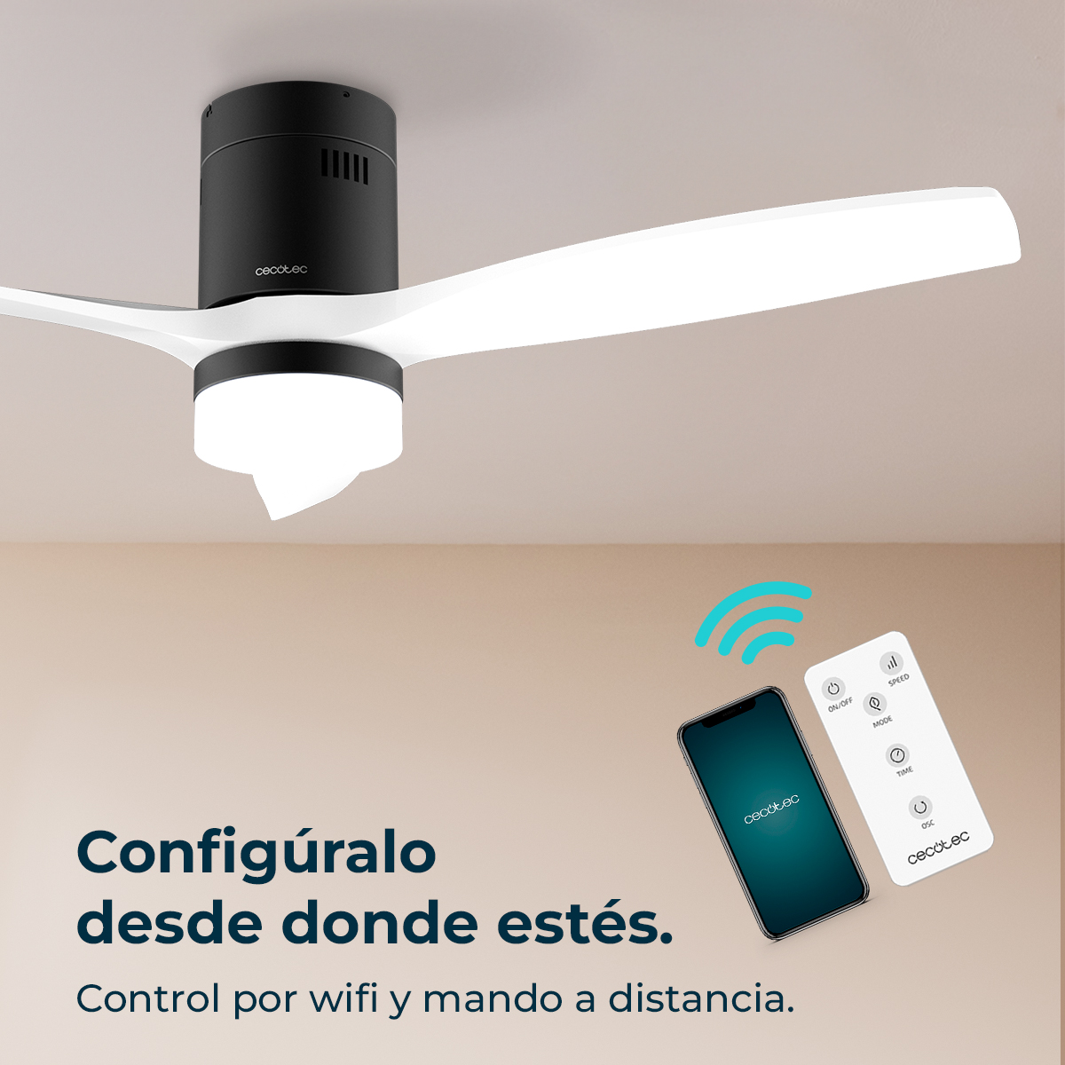 Deckenventilator mit schwarzem Motor und weißen Flügeln. Ein Smartphone und eine Fernbedienung werden zusammen mit Text gezeigt.